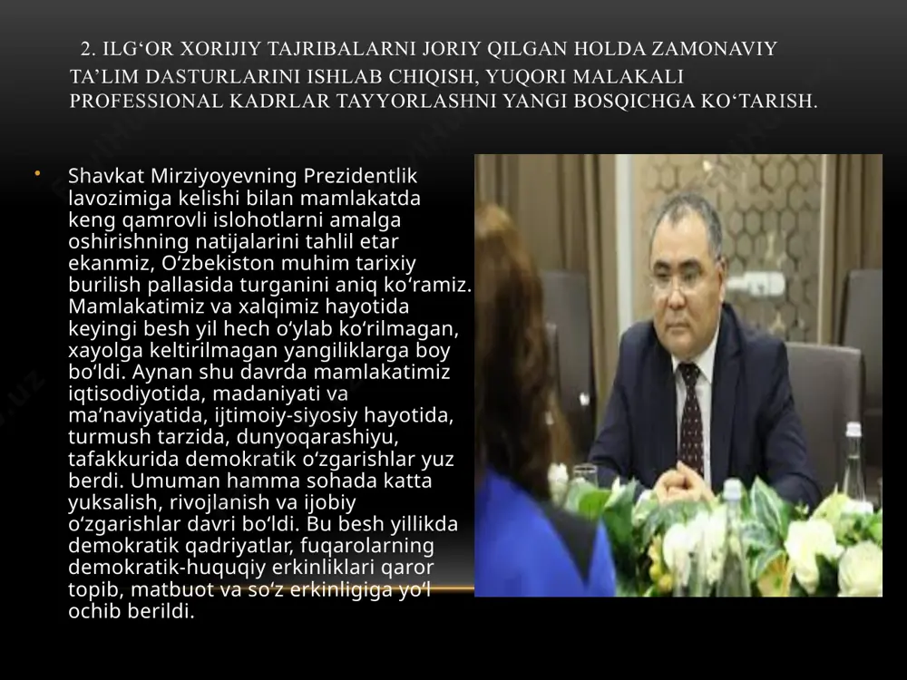 oliy oʻquv yurtlarining nisbati keskin farq qilishi bilim olaman, degan ilmga chanqoq yoshlarning ehtiyojini qondira olmasligi oqibatida minglab yoshlarning yaqin va uzoq mamlakatlarga chiqib ketishiga olib keldi. prezident tashabbusi bilan koʻrilgan chora-tadbirlar tufayli 2017- 2021-yillarda bu raqam oldingi 9 foizdan 28 foizga yetdi. maktab bitiruvchilarini oliy taʼlim bilan qamrab olish darajasi 2030-yilda 50 foizga yetkaziladi. shuni hisobga olib, oliy oʻquv yurtlariga talabalar qabul qilish davlat grantlari 2 barobar koʻpaytiriladi. oliy taʼlim muassasalari soni 141 taga yetdi, qabul oʻrinlari 66 mingtadan 182 mingtaga oshdi. xorijiy mamlakatlar taʼlim muassasalarining 26 ta filialida mutaxassislar tayyorlash yoʻlga qoʻyildi. oliy taʼlim islohotlarining muhim qirralaridan yana biri yoshlarimizning bir vaqtda bir nechta oliy oʻquv yurtiga hujjat topshirish masalasi edi. mamlakatimizda ancha yillardan buyon faoliyat yuritayotgan xorijiy oliy taʼlim maskanlarining qabul jarayoniga havas bilan qarab kelar edik. zero, bir vaqtning oʻzida mamlakatimizdagi hamma xorijiy oliy oʻquv yurtlariga hujjat topshirish mumkin edi. bu holat bizni ham hayratga solar, …