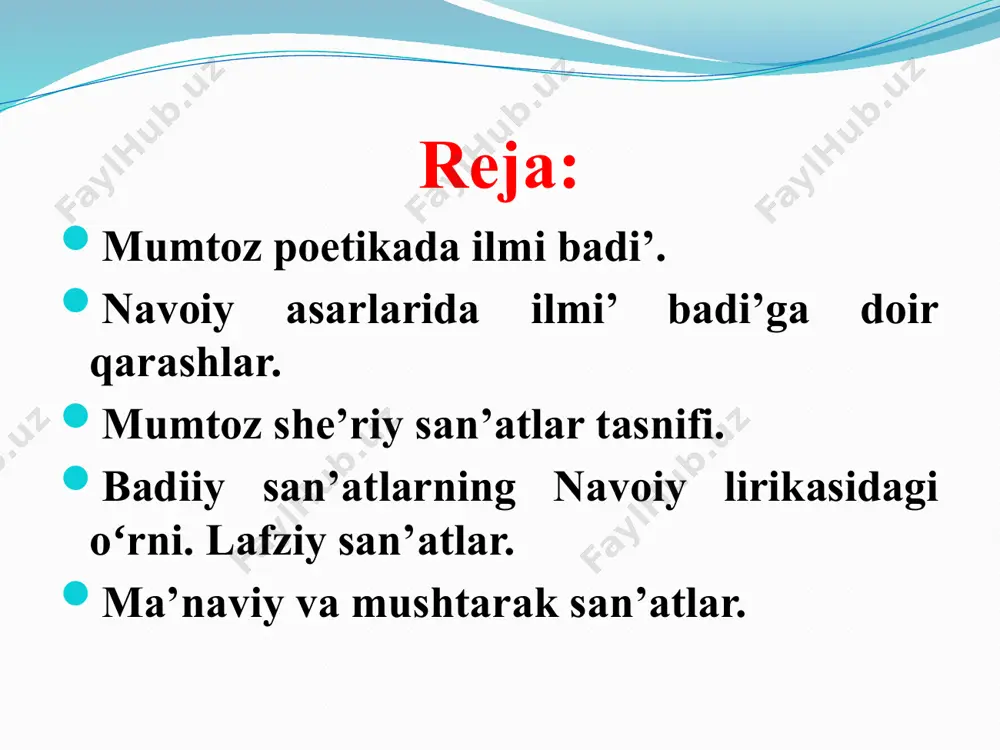 ning soching boʻlmasa, chunonam parishonlik boʻladi, kokiling (esa) figʻonli tunga oʻxshaydi). lafziy ma’naviy mushtarak lafziy san’atlar lafziy san’atlar nutqning ifoda usuli, xususan so‘z shakli bilan aloqador san’atlar bo‘lib, ijodkor yetkazmoqchi bo‘lgan fikrni yuksak badiiy shaklda ifodalashga xizmat qilishi kerak. atoulloh husayniy tasnifiga ko‘ra lafziy san’atlar tajnisli tarsi’ radd (qaytarish) qalb saj’ tashtir tajziya tasri’ tarsi’ tasmit aks zulqofiyatayn talavvun muvassal muqatta’ jam’ ul-huruf musoviyat tarafayn mudavvar tajnis ilmi badi’ga doir tasniflar atoulloh husayniy (3 ga bo‘ladi) zokirjon mamajonov (12 ga bo‘ladi) yoqubjon is’hoqov (10 ga bo‘ladi) tarsi’ tarsi’ (ar. – gavharni ipga tizish) – baytning birinchi misrasidagi barcha so‘zlarning ikkinchi misradagi so‘zlar bilan o‘zaro teng, vazndosh va qofiyadosh bo‘lishiga asoslangan badiiy san’at. umar roduyoniyning “tarjumon ul-balog‘a” (11-a.) asaridan boshlab ilmi badi’ga doir barcha forsiy risolalar tarsi’ san’ati ta’rifi bilan ibtido topganligini ko‘rish mumkin. tarsi’ dardini najotim et, ilohi yodini hayotim et, ilohi!.. kun yuzini aylading mushakkal tun ko‘zini aylading mukahhal. …