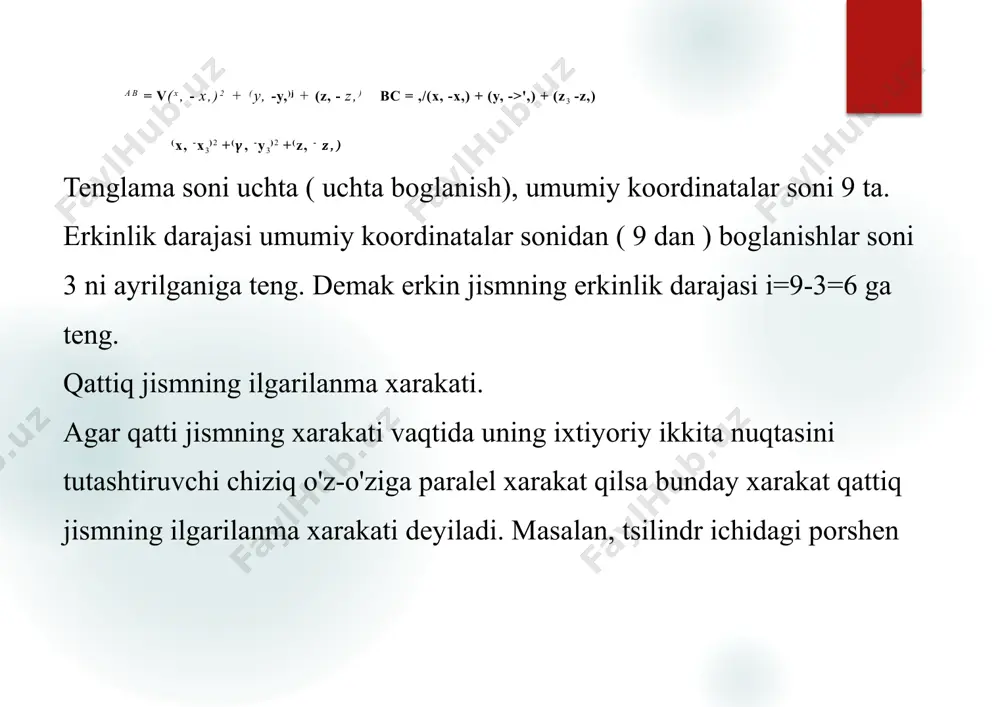 g ishorasiga qarab v bilan bir xil yunalishda yoki qarama-qarshi yunalgan bo'ladi. rasmdan a, ning quylish nuqtasi tanlangan m nuqtada joylashgan, moduli esa ae=sr sin( sr) ga teng. a, ning yo'nalishi parma qoidasidan topiladi. a, esa o'qqa intiluvchi yoki markazga intiluvchi tezlanish deyiladi. a, va a, vektorlar o'zaro perpendikulyar bo'lib ularning yigindisi to'liq tezlanish deyiladi. a = as + aa (49) uning moduli esa , 2 2 a = ^am + ae a s (50) ga teng bo'ladi. to'liq tezlanishning yo'nalishi a burchak orqali ifodalanadi. as tga = — a (51) endi ae va ^ larni modullarnini topamiz. as =sr sin( sr) (52) r sin( sr ) = r sin ( = r chunki a, ning moduli esa a„ = av sin( av) rasmdan sin( av) = 1 va aw = av bo'ladi. v = ar ni xisobga olsak aa =ar (53) bo'ladi. (52) va (53) ni (50) ga qo'ysak …