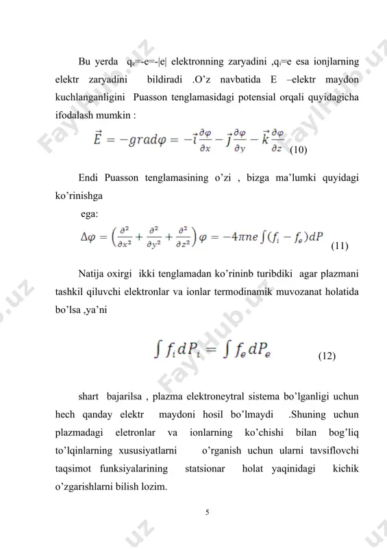 kvadratik tezligi quyidagi ifoda bilan aniqlanishini esga olamiz: (18) natija : shunday qilin plazmani tashkil qiluvchi elektronlarning relyativistik harakati inobatga olinsa quyidagi qo’shimcha had paydo bo’ladi. (19) demak ,taqsimot funksiyasiga qo’shiluvchimbu handing o’rtacha qiymati issiqlik harakatio energiyasi kt ningelektroinlar tinchligidagi energiyasining nisbatiga bog’liq bo’lar ekan .binobarin ,agar plazmaning absolyut harakati yetarlicha katta bo’lsa ,bu hadning elektronlar harakatiga qo’shadigan ulushi muhim ahamiyatga ega bo’la boshlaydi va uni albatta hisobga olishga to’g’ri keladi. 3relyativistik elektronli plazmadagi to’lqinlar tenglamasi. yuqorida olingan natijalarga ko’ra plazmani tashkilqiluvchi ionlarni odatdagi maksvell taqsimoti bo’yicha tavsiflasak hamda electronlar uchun taqsimot funksiyasiga qo’shimchaning o’rtacha qiymati (19) ifoda bilan aniqlanishini hisobga olsak, quyidagi tenglamalar sistemasiga ega bo’lamiz: (3.1) (3.2) (3.3) bu yerda αva β ko’paytuvchilar plazmadagi relyativistik elektronlarning ulushiga tegishli bo’lib quyidagi ifodalar bilan aniqlanadi: (3.4) (3.5) natija :demak,plazmadagi elektronlarning relyativistik xususiyatlari inobatga olinsa elektronlarning taqsimot funksiyasini tavsiflovchi tenglamada hamda puasson tenglamasida qo’shimcha had paydo bo’ladi.bu esa o’z navbatida ionlar …