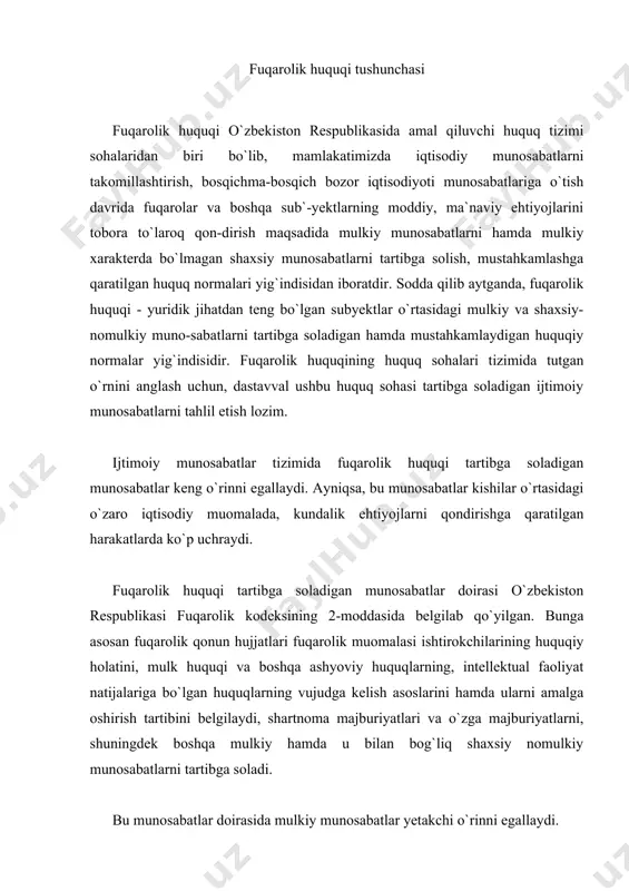 lar deganda, iqtisodiy munosabatlar, ya`ni ishlab chiqarish vositalari, iste`mol buyumlari, umuman kishi meh-natining har qanday mahsulotlarni yaratish, egallash, foydalanish va tasarruf etish bilan bog`liq bo`lgan ijtimoiy munosabatlar tushuniladi. mulkiy munosabatlarning barchasi ham fuqarolik huquqi normalari bilan tartibga solinavermaydi. ba`zi mulkiy munosa-batlar huquqning boshqa sohalari bilan ham tartibga solinadi. huquqiy munosabatda qatnashuvchi bir tarafning ikkinchi tarafga ma`muriy jihatdan bo`ysunishiga asoslangan mulkiy munosabatlar - ma`muriy huquq normalari bilan, soliq va budjet bilan bog`liq munosabatlar - moliya huquqi normalari bilan, shuningdek yer bilan bog`liq munosabatlar - yer huquqi normalari bilan, mehnat shartnomasi hamda intizomiy bo`ysunuv bilan bog`liq munosabatlar - mehnat huquqi normalari bilan tartibga solinadi. fuqarolik huquqi asosan muayyan ekvivalent (tenglik) baroba-ri bilan belgilanadigan, qiymat, baho bilan ifodalanadigan va ishtirokchilari teng darajada ko`riladigan mulkiy munosabatlarni tartibga soladi. mulkiy xarakterdagi huquqiy munosabatlar, ya`ni fuqarolar va tashkilotlarning moddiy boyliklarni yaratish, ularni egallash, bu boyliklardan foydalanish, ularni tasarruf etishda bo`lgan o`zaro huquqiy munosabatlar ishlab chiqarish munosabatlaridan, …