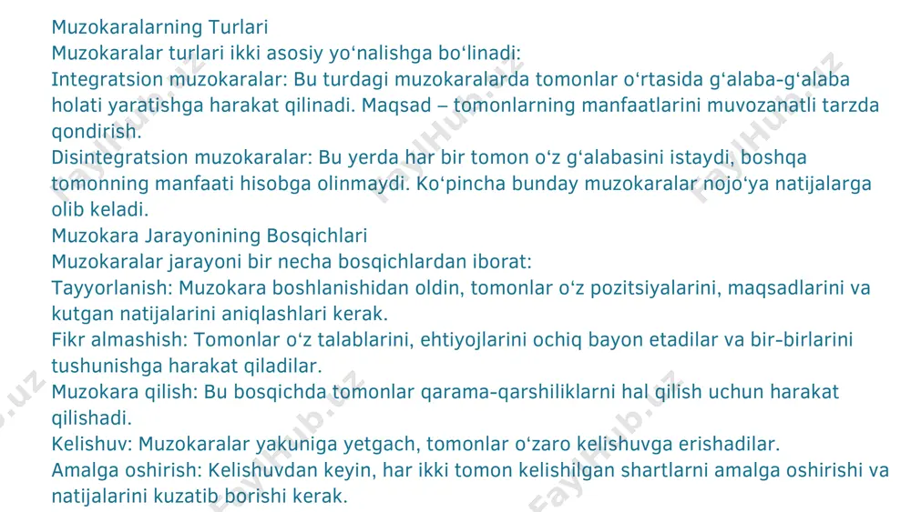 ari odamlar o‘rtasidagi kelishmovchiliklarni samarali hal qilish imkonini beradi. muzokoralar jarayonida tinglash, emotsiyalarni boshqarish, aniq muloqot va hamkorlikka asoslangan qaror qabul qilish texnikalari muhim ahamiyatga ega. bu yondoshuvlar kelishmovchiliklarni konstruktiv tarzda hal qilishga yordam beradi va uzoq muddatli hamkorlikni rivojlantiradi. hulosa ijtimoiy ishning axloqiy tamoyillari va qadriyatlari. i. negmatov www.arxiv.uz www.wikipediya.org www.ziyonet.uz chatgpt foydalanilgan adabiyotlar: e‘tiboringiz uchun rahmat.