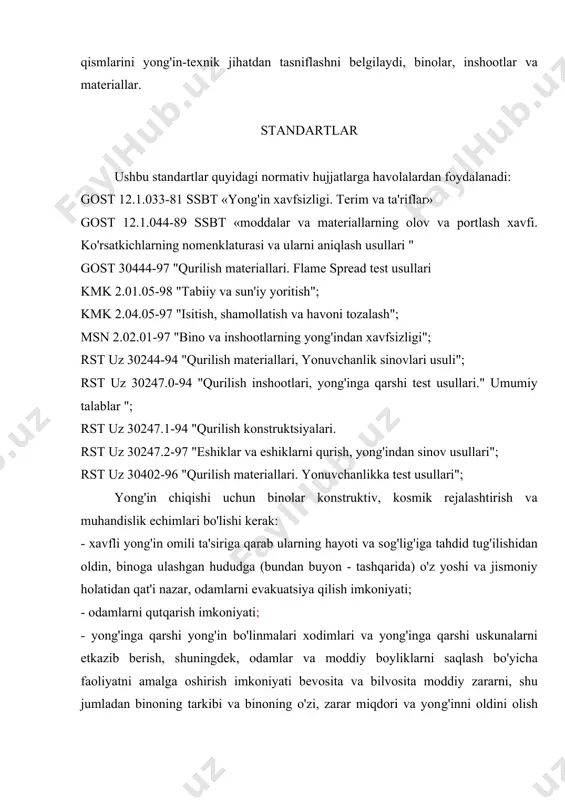 izligi. terim va ta'riflar» gost 12.1.044-89 ssbt «moddalar va materiallarning olov va portlash xavfi. ko'rsatkichlarning nomenklaturasi va ularni aniqlash usullari " gost 30444-97 "qurilish materiallari. flame spread test usullari kmk 2.01.05-98 "tabiiy va sun'iy yoritish"; kmk 2.04.05-97 "isitish, shamollatish va havoni tozalash"; msn 2.02.01-97 "bino va inshootlarning yong'indan xavfsizligi"; rst uz 30244-94 "qurilish materiallari, yonuvchanlik sinovlari usuli"; rst uz 30247.0-94 "qurilish inshootlari, yong'inga qarshi test usullari." umumiy talablar "; rst uz 30247.1-94 "qurilish konstruktsiyalari. rst uz 30247.2-97 "eshiklar va eshiklarni qurish, yong'indan sinov usullari"; rst uz 30402-96 "qurilish materiallari. yonuvchanlikka test usullari"; yong'in chiqishi uchun binolar konstruktiv, kosmik rejalashtirish va muhandislik echimlari bo'lishi kerak: - xavfli yong'in omili ta'siriga qarab ularning hayoti va sog'lig'iga tahdid tug'ilishidan oldin, binoga ulashgan hududga (bundan buyon - tashqarida) o'z yoshi va jismoniy holatidan qat'i nazar, odamlarni evakuatsiya qilish imkoniyati; - odamlarni qutqarish imkoniyati; - yong'inga qarshi yong'in bo'linmalari xodimlari va yong'inga qarshi uskunalarni etkazib …