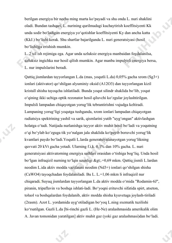 ga boʻlgan oraliq holati. suyuq kristallar hosil qilgan moddalarning molekulalari tayoqcha yoki choʻziq plastinkasimon shaklda boʻladi. termotrop va liotrop xillarga boʻlinadi. termotrop suyuq kristallar — maʼlum temperatura oraligʻida mezomorf holatda, undan past trada qattiq kristall, yuqori trada esa oddiy suyuklik holatida boʻladi. masalan, iazoksianizol 118,27° da anizotrop boʻlib, suyuq kristallar hosil qiladi. 135,85° da esa u izotroplikni namoyon qilib, oddiy suyuqlikka aylanadi. baʼzi moddalarning maxsus erituvchilardagi eritmasi liotrop suyuq kristallar deyiladi. suyuq kristallar molekulalarining tartiblanish darajasiga koʻra nematik ("azoksionizol, sintetik polipeptid eritmalari) va smektik (sovunning suvdagi eritmasi) suyuq kristallar ga boʻlinadi. nematik va smektik suyuq kristallarning tashki koʻrinishini polyarizatsion mikroskop yordamida osongina ajratish mumkin. nematik suyuq kristallar ipsimon, smektik suyuq kristallar konussimon, tayoqchasimon va bosqichli tuzil gan. suyuq kristallarning xolesterik (xolesterinning propil efiri) xili ham mavjud boʻlib, uning molekulalari birbiriga parallel joylashgan uzunchoq plastinkasimon shaklda. xolesterik suyuq kristallar organik suyukdiklar va qattiq kristallarning optik faolligidan bir necha marta yuqori boʻlgan …