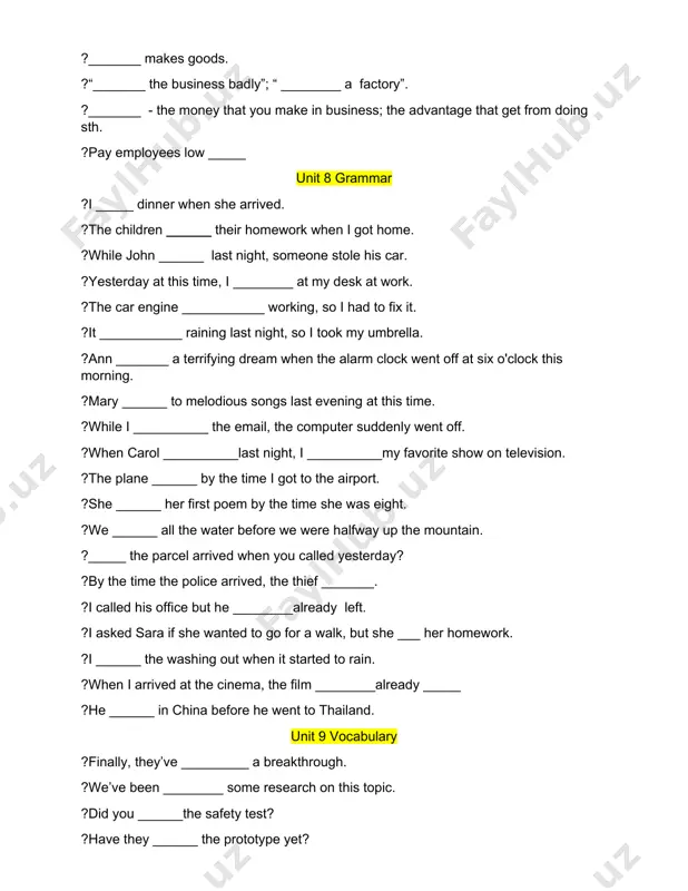nner when she arrived. ?the children ______ their homework when i got home. ?while john ______ last night, someone stole his car. ?yesterday at this time, i ________ at my desk at work. ?the car engine ___________ working, so i had to fix it. ?it ___________ raining last night, so i took my umbrella. ?ann _______ a terrifying dream when the alarm clock went off at six o'clock this morning. ?mary ______ to melodious songs last evening at this time. ?while i __________ the email, the computer suddenly went off. ?when carol __________last night, i __________my favorite show on television. ?the plane ______ by the time i got to the airport. ?she ______ her first poem by the time she was eight. ?we ______ all the water before we were halfway up the mountain. ?_____ the parcel arrived when you called yesterday? ?by the time the police arrived, the thief …