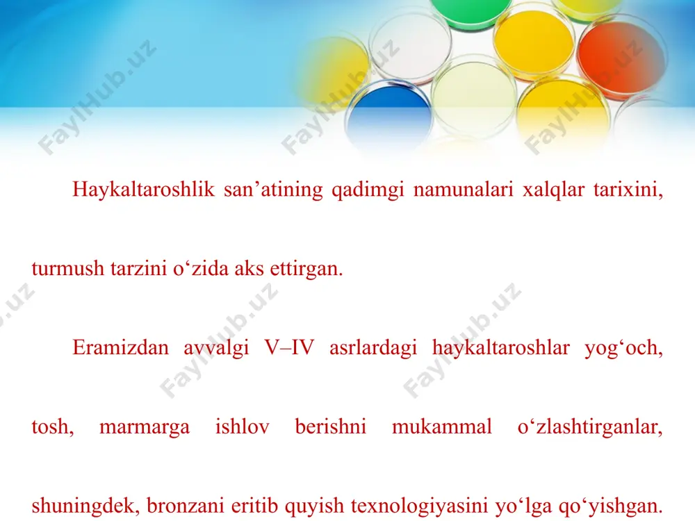 eyi), rimda yaratilgan «pyete» (isoga aza tutish. 1498–1501-yillar) haykallari unga haqiqiy shon-shuhrat keltiradi. * mikelanjelo tomonidan 1504-yilda yaratilgan va florensiyaning bosh maydoniga o‘rnatilgan, bahaybat «david» haykali «zamonaviy antik grek va rim haykallarining shon-shuhratini olib qo‘ya olgan asardir», bu asarida tabiatning eng go‘zal mo‘jizasi – odam qomati ekanligini, uning takrorlanmas go‘zalligini, kuch-qudratini ifoda etishga erishgan. mustaqillik davri haykaltaroshlik san’atining mahobatli janrida ishlangan ilk tarixiy asarlar sifatida chirchiq shahrining markaziy shoh ko‘chasida va poytaxtimizning milliy bog‘ida o‘rnatilgan ulug‘ shoir alisher navoiy obraziga ishlangan yodgorliklarni (e.aliyev, n. bandeladze, v. degtyarov, 1991-y.), 2001-yilda navoiy shahri markazida ulug‘ shoirning 560 yilligi munosabati bilan a.rahmatullayev va p.podosinnikov tomonidan yaratilgan alisher navoiyning haykali, toshkent shahrining gavjum xiyoboni markaziga o‘rnatilgan amir temurning mahobatli otliq haykali (i.jabborov, k.jabborov, 1993-y.), sohibqironning ona yurti shahrisabz va samarqand shahrida o‘rnatilgan amir temurning mahobatli haykallari (i.jabborov, k.jabborov 1996-y.), farg‘ona va quva shaharlarida o‘rnatilgan ahmad al-farg‘oniyning mahobatli haykallari (i.jabborov, k.jabborov 1998-y.), xorazmda jaloliddin manguberdi …