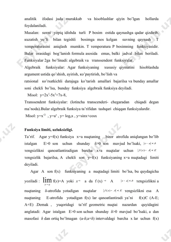 stidagi ifodaga tengdir. d ∫ f(x) dx= f(x) dx 3.funksiya differensiyalining aniqmas integrali u funksiyaga ixtiyoriy o’zgarmasni qo’shilganiga tеngdir. ∫ d [f(x)] = f(x) + с. isboti: ∫ d [f(x)] =∫ f`(x)dx = f(x) + с. 4.o’zgarmas ko’paytuvchini integral belgisi oldiga chiqarish mumkin. isboti : ∫a f(x)dx = a∫ f(x)d x isboti: [af(x)dx]`=a [∫ f(x)d x]` =af(x) ∫a f(x)dx=a ∫ f(x)d x 5.bir nechta funksiyaning algebraic yig’indisidan olingan aniqmas integral shu funksiyalardan olingan integrallarning algebraic yig’indisiga teng ya’ni ∫ [f1(x)+f2(x) –f3(x) ]dx =∫f1(x)dx+∫f2(x) –f3(x)dx -∫f3x)dx isboti:( ∫f1(x)dx+∫f2(x) –∫f3(x)dx)` =(∫f1(x)dx)`+(∫f2(x)dx) `-(f3(x)dx) ` = f1(x)+f2(x) –f3(x) аsosiy integrallar jadvali. darajaning integrali. un+1 ∫ un dn = +c. (n -1) n+1 lоgarifmning integrali. du ∫ = lnu +c u тrigonometrik integrallar . ∫ sinu du = - cos u +c ∫ cosu du = sin u +c теskari trigonometrik integrallar du ∫ = arcsin u +c 2 du ∫ = 1/a arctgu+c a2+u2 …