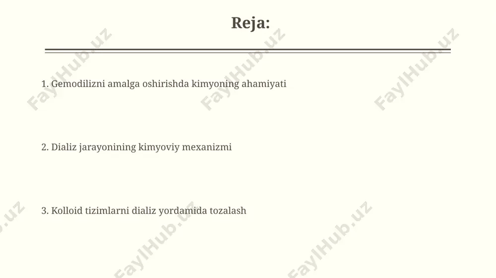 lton dan kichik molekulalarni, masalan, siydik kislotasini, qon plazmasidan o'tkazish orqali amalga oshiriladi. kolloidlarning o'lchamlari va dializ samaradorligi 100 nm dan katta kolloidlarning dializ jarayonida samaradorligi past bo'ladi, shuning uchun katta o'lchamli zarrachalarni olib tashlash uchun ultrafiltratsiya usullari qo'llaniladi, masalan, qondagi oqsillarni tozalashda. kolloid zarrachalarining o'lchami 1-1000 nm oralig'ida bo'lib, bu ularning dializ membranasidan o'tishiga ta'sir qiladi; masalan, buyraklarning glomeruluslari 7 nm gacha bo'lgan zarrachalarni o'tkazishi mumkin. dializdagi diffuziya va osmoz hodisalari dializ jarayonida 35-45 kda o'lchamdagi porlarga ega bo'lgan membranalar orqali kichik molekulalar (masalan, siydikchil, kreatinin) diffuziya yo'li bilan o'tib, qon plazmasidan tozalanadi. oshpazlik tuzi (nacl) eritmasining 0,9% izotonik eritmasi osmoz bosimi jihatidan qonga yaqin bo'lib, gemodiyaliz jarayonida suyuqlik muvozanatini saqlashda muhim rol o'ynaydi. bu toshkentdagi ko'plab shifoxonalarda qo'llaniladi. dializat eritmasining tarkibi va ahamiyati диализат эритмасига қўшиладиган буферли эритмалар, масалан, бикарбонат, ph ни 7,2-7,4 оралиғида ушлаб туришга ёрдам беради ва бу кислотали-ишқорий баланснинг мувозанатли сақланишини таъминлайди, бу эса buyuk …