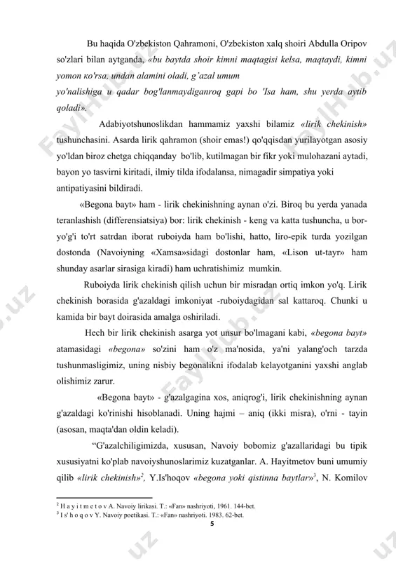 ar mazmuni bilan bog'lanmagan bayt bo'lmaydi. «begona»lik – nisbiy tushuncha. u «lirik chekinish» ma'nosini muayyanlashtirgan holda ifodalab kelgan. «chekinish» bilan «begonalik» - bir-biriga juda yaqin tushunchalar hisoblanadi.”[footnoteref:5] [2: h a y i t m e t o v a. navoiy lirikasi. т.: «fan» nashriyoti, 1961. 144-bet.] [3: i s' h о q о v y. navoiy poetikasi. т.: «fan» nashriyoti. 1983. 62-bet.] [4: k о m i 1 о v n. ma'nolar olamiga safar (alisher navoiy g'azallariga sharhlar)] [5: olimov s., ahmedov s., qo`chqorov r. adabiyot 8: darslik-majmua (i qism). t.: g`afur g`ulom nomidagi nashriyot-matbaa ijodiy uyi,2014. 100-bet.] i bob. g`azal janrining o`tmishi va buguni xususan, g`azal janrining yangi davrdagi taraqqiyot yo`li haqida gapirishdan avval, janr atamasiga nazar tashlasak maqsadga muvofiq bo`ladi, deb o`ylaymiz. janr – adabiy asarlarning tarixan shakllanuvchi tipi, muayyan davr milliy yoki jahon adabiyotida umumiy xususiyatlari bilan turlicha ko`lamdagi guruhlarni tashkil qiluvchi asarlarni anglatuvchi tushuncha. ta`rifdagi janrning …