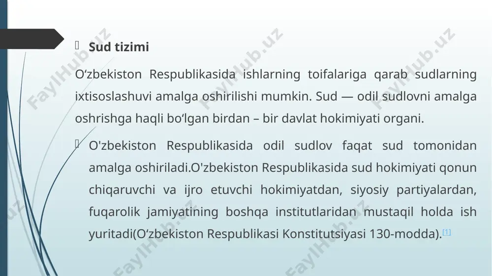ning davlat organlari va mansabdor shaxslarning qarorlari, harakatlari yoki harakatsizligiga qarshi bergan da’volarini ko‘rib chiqadi. ular fuqarolarning buzilgan huquq va erkinliklarini tiklashga xizmat qiladi. noqonuniy ma’muriy qaror yoki harakatlarga qarshi da’volar ma’muriy jarimalarga oid shikoyatlar davlat xizmatiga qabul qilish yoki bo‘shatish bilan bog‘liq nizolar axborot olish rad etilgani bo‘yicha murojaatlar soliq, bojxona va ekologik masalalar bo‘yicha nizolar ma’muriy sudlarning vazifalari: ma’muriy sudlar fuqarolar va yuridik shaxslarning davlat organlari, ularning mansabdor shaxslari bilan bo‘lgan nizolarini hal qiladi. ular fuqarolarning huquq va erkinliklarini himoya qilishga qaratilgan. sudga murojaat qilish sabablari: davlat organining noqonuniy qarori, harakati yoki harakatsizligidan norozi bo‘lish fuqarolik huquqlarining buzilishi mansabdor shaxsning vakolatini oshirib yuborishi yoki vakolatdan noto‘g‘ri foydalanishi ko‘rib chiqiladigan ishlar turlari: davlat xizmatidan bo‘shatish yoki lavozimga tayinlash bo‘yicha nizolar soliq, bojxona, ekologik va boshqa ma’muriy-huquqiy munosabatlardan kelib chiqadigan nizolar ma’muriy jarimalar va boshqa majburlov choralariga qarshi da’volar axborot olish rad etilgani yoki kechiktirilgani bilan bog‘liq shikoyatlar ma’muriy sudlarga …