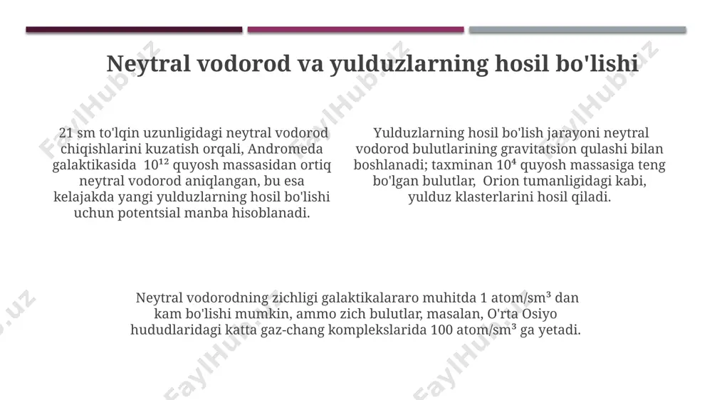 i shimoliy amerikadagi observatoriyalarda qabul qilinadi va 10 6 dan ortiq gaz bulutlarini aniqlashga yordam beradi. neytral vodorodning magnit maydonlari bilan o'zaro ta'siri 21 sm to'lqin uzunligidagi radio emissiyasi yordamida kuzatilgan neytral vodorod bulutlari, masalan, andromeda galaktikasi atrofida, magnit maydonlarining yo'nalishi va kuchliligini aniqlashda muhim rol o'ynaydi. neytral vodorodning magnit maydonlari bilan o'zaro ta'siri natijasida, taxminan 100 parsek miqyosidagi tuzilmalar hosil bo'ladi, bu esa, masalan, spiral galaktikalar qo'llarining shakllanishiga ta'sir qiladi. neytral vodorodning galaktikalararo magnit maydonlari (taxminan 10⁻⁶ gauss) bilan o'zaro ta'siri, fermi bublelari hududida, masalan, milky way galaktikasida, gazning harakatiga va tuzilishiga sezilarli ta'sir ko'rsatadi. neytral vodorod bo'yicha kelajakdagi tadqiqotlar neytral vodorodning taqsimlanishini aniqlash uchun 21 sm liniyasida yuqori aniqlikdagi radioteleskoplar, masalan, avstraliyadagi askap va janubiy afrikadagi meerkat yordamida kuzatishlarni kengaytirish rejalashtirilmoqda, bu esa galaktikalararo muhitning batafsil xaritalarini yaratish imkonini beradi. galaktika tashqarisidagi neytral vodorodning dinamikasini va uning galaktika hosil bo'lish jarayonlaridagi rolini o'rganish uchun, 1000 dan ortiq galaktikani …
