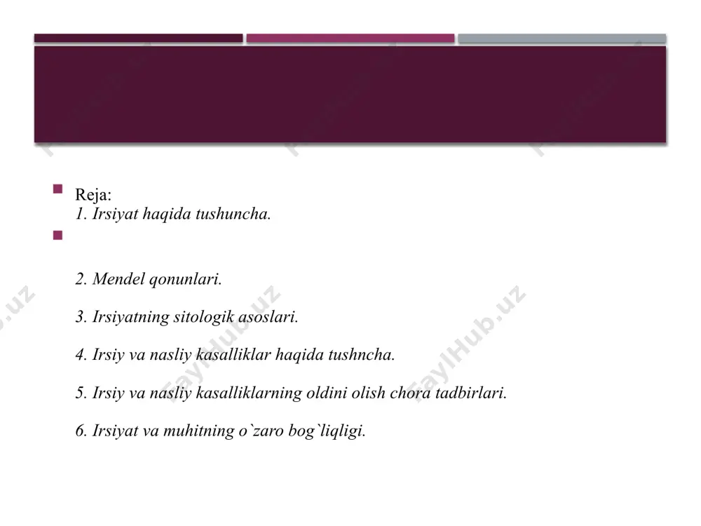 arda mustahkamlanadigan bo`lib qoladi. . irsiyat plastik, muloyim bo`ladi, muhit organizmlarni yashash sharoitlariga hammadan ko`p moslashib oladigan qilib etishtiradi. lamark ta`limoti tarafdorlari va izdoshlari uning g`oyalarini to`g`riligini tajriba yo`li bilan tasdiqlab berishga bir necha marta o`rinib ko`rishgan bo`lsada, bu ta`limot ishonchli dalillarga ega bo`lolmay qoldi. lamark vafotidan keyin yarim asr o`tfach charz darvinning “turlarni kelib chiqishi haqida “ degan mashhur asari bosilib chiqdi. darvin fanga evolyutsiyaning qudratli omili tashqi muhit ta`siri bilan bog`langan tabiiy tanlashdadir degan fikrni kiritdi. darvin tirik organizmlarda kelib chiqadigan o`zgarishlar tasodifiy deb tahmin qildi. biror tomonga yo`nalmagan tasodifiy ravishda ro`y beradigan o`zgarishlar butun tabiiy yo`nalishini belgilab beradi. bir turning boshqa vakillaridan ustunlikka ega bo`lib qolgan individlari yashab qoladi va nasl beradi, foydali belgi bu naslda ham namoyon bo`ladi. darvin g`oyalari hozirgi kunda ham to`la-to`kis e`tirof etiladi. biroq o`tgan asrning o`rtalarida darvin ta`limoti qattiq tanqidga uchradi. uning ko`pgina tomonlari tushunib bo`lmaydigandek tuyuldi, chunki fan sifatidagi genetika hali …