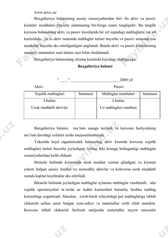 balansning passiv kismi biroz murakkab tuzilgan bulib, ba`zi moddalar mohiyatini anglash unchalik oson kechmaydi. balansning passiv kismi moddalari mohiyatini anik bilish uchun ularning nima maksadga muljallanganligini bilish zarur. passiv ikki bulimdan iborat bulib, birinchi korxonaga tegishli bulgan, ya`ni korxona uz xisobidan tashqil qilingan mablaglar manbasi kursatilgan. ulardan asosiysi-bu ustav kapitalidir. uning mikdori korxona mulki summasiga tengdir. uzlik mablaglar manbasidan yana biri bu-taksimlanmagan foyda moddasidir. passivning ikkinchi bulimida korxonaga vaktinchalik jalb qilingan karz mablaglari xamda majburiyatlar aks ettiriladi. masalan, "mol yetkazib beruvchilar bilan xisob-kitoblar" moddasida korxonaning sotib olgan xom-ashyo va materiallari; "budjetdan tashkari va ijtimoiy sugurta fondlari bilan xisob-kitoblar" moddasida esa, korxona ishchilariga xisoblangan oylik maoshlarga nisbatan utkaziladigan ajratmalar buyicha karzlar kursatiladi. "budjet bilan xisob-kitoblar" schyotida esa korxonada davlat budjetiga xisoblangan soliklar summasi va "xodimlar bilan ish xaki buyicha xisob-kitoblar "schyotida esa korxonaning uz xodimlariga tulaydigan maoshi summalari aks ettiriladi. shunday qilib, korxona balansining uzaro tengligi aktiv va passiv kismlari summalariga …