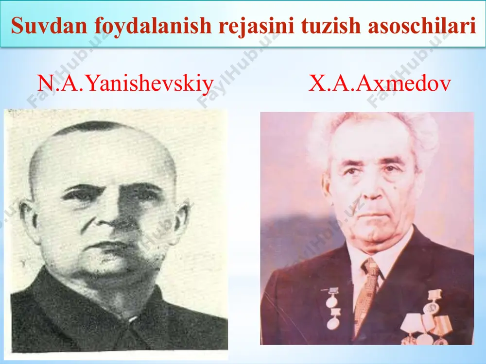 an ko‘rsatgichlar mos kelsa va ilmiy asoslangan agrotexnik talablarga to‘liq rioya etsa foydalanuvchi (ekspluatatsion) sug‘orish rejimi rejaviy sug‘orish rejimiga mos kelishi mumkin. suvdan foydalanish rejasini tuzish uchun kerakli ma’lumotlar qishloq xo‘jaligida suvdan foydalanishni rejalashtirish qoidalariga kelsak ular «suv va suvdan foydalanish to‘g‘risida» gi o‘zbekiston respublikasining oliy majlisida qabul qilingan qonunni 48 moddasida ko‘rsatilgan. chunonchi, o‘zbekistondagi barcha sug‘oriladigan maydonlar daryolar, suv omborlari, basseynlar, magistral quduqlar sug‘orish uchun mo‘ljallangan tik quduqlar,buloqlar va boshqa sug‘orish manbalari suv zahiralarida suvlar hisobiga sug‘oriladi. shu sababli suvdan foydalanishda va uni amalga oshirishda yuqorida keltirilgan sug‘orish manbalarini xususiyatlarini hisobga olish kerak bo‘ladi. suvdan foydalanuvchi xo‘jaliklar, korxonalar, tashkilotlar, hamda muassasalar uchun tuzilgan suvdan foydalanish rejalari respublika mintakalarining irrigatsiya izimlari havza boshqarmalari tomonidan o’rnatilgan limit miqdori asosida tasdiqlanadi) sug‘orish rejimi rejaviy sug‘orish rejimiga mos kelishi mumkin. 7 suvdan foydalanuvchi xo‘jaliklar, korxonalar, tashkilotlar, hamda muassasalar uchun tuzilgan suvdan foydalanish rejalari o‘zbekiston respublikasi suv xo‘jaligi vazirligi, suv ob’ektlaridan foydalanish boshqarmalari bilan …