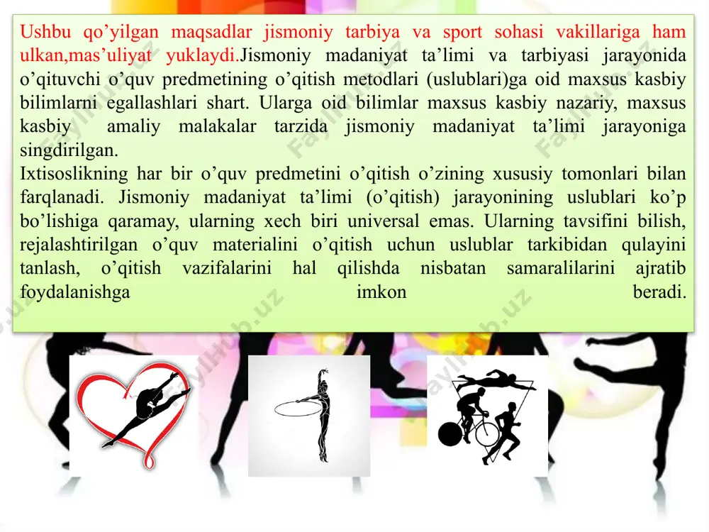 ratiladi. qisman reglamentlashtirish metodi o’z mazmuniga bajariladigan harakat faoliyati tarkibidan uning lozim bo’lgan bo’lagini oldindan rejalashtirilgan reglament asosida, masalan, uzunlikka sakrashda depsinishdan oldingi qadamlarning bir xildagi o’lchamiga ega bo’lishiga erishish uchun faqat shu qadamlarni ijrosini takrorlashlari reglamentlashtiriladi. mashqlarni kat’iyan va qisman reglamentlashtirish metodlari orasidagi farq nisbiy, darajasi va xarakteri turlicha bo’lsada, reglamentlash daqiqasi har bir metodda alohida belgilanadi. ayrim holatlarda turli hildagi kichik guruhlarda ikki hil metod birlashtirilib qo’llanilishi mumkin. mashqlarni qisman reglamentlashtirish metodi hamda musobaqa metodini ikkisini qo’shib qo’llash orqali bir hil harakat faoliyatini o’qitish kutilgan natijani berishi ta’lim jarayoni amaliyotida yangilik emas. harakat faoliyatini - jismoniy mashqni o’qitish jarayonida quyidagi metodlardan: mashqni texnikasini to’liq - qanday bajarilsa shundayligicha bajartirish tarzida o’qitish (o’rgatish) metodi; 2) mashq texnikasi tuzilishining alohida bo’laklari (texnikaning negizi, zvenolari, detallarini alohida bo’laklarga (qismlarga) ajratish bilan o’qitish; 3) mashq texnikasi bo’laklarining har birini alohida o’zlashtirib so’ng ularni bir-biriga ulab, qo’shib o’zlashtirish metodlaridan foydalaniladi. qayd qilingan jismoniy …