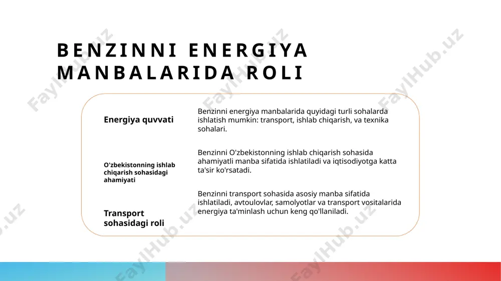 lar to'plamidan iborat bo'lib, uzun va qisqa molekulalardan tashkil topadi. 2 ishlab chiqarish texnologiyasi - o'zbekistonda benzinning ishlab chiqarish texnologiyasi neft kimyoasini qayta ishlash jarayonlariga asoslangan va energiya sarmoyasini olish usullarini o'z ichiga oladi. 3 kimyoviy tuzilishning ahamiyati - benzinning kimyoviy tuzilishi, uning xususiyatlarini, xossalarni va ishlab chiqarish texnologiyalarini o'rganishda katta ahamiyatga ega bo'lib, energetika sohasida ishlatiladigan muhim bir qismidir. 4 o'zbekistondagi rivojlanish - o'zbekistonda benzinning ishlab chiqarish texnologiyasi rivojlanib, mamlakatning iqtisodiyotiga va energiya o'zgarishlariga muhim ta'sir ko'rsatadi. benzinning o'ziga xos kimyoviy xossalari va ularning o'zbekistondagi foydalanish usullari kimyoviy tuzilmalar benzinni o'ziga xos qiladigan karbon va hidrogenli kimyoviy tuzilmalari o'zbekistondagi energetika sohasida keng qo'llaniladi. foydalanish usullari o'zbekistonda benzinni transport, ishlab chiqarish va energiya sohalarida foydalanish texnologiyalari keng rivojlanadi va samaradorlikka ega. kimyoviy xossalari benzinning o'ziga xos kimyoviy xossalari o'zbekistondagi ko'plab sohalarda ishlatiladi, uning energetik potentsiali va kimyoviy xavfi hujjatlanadi. o'zbekistondagi benzinni ishlab chiqarishning ekologik o'zgarishlarga ta'siri 01 ekologik o'zgarishlar o'zbekistondagi …