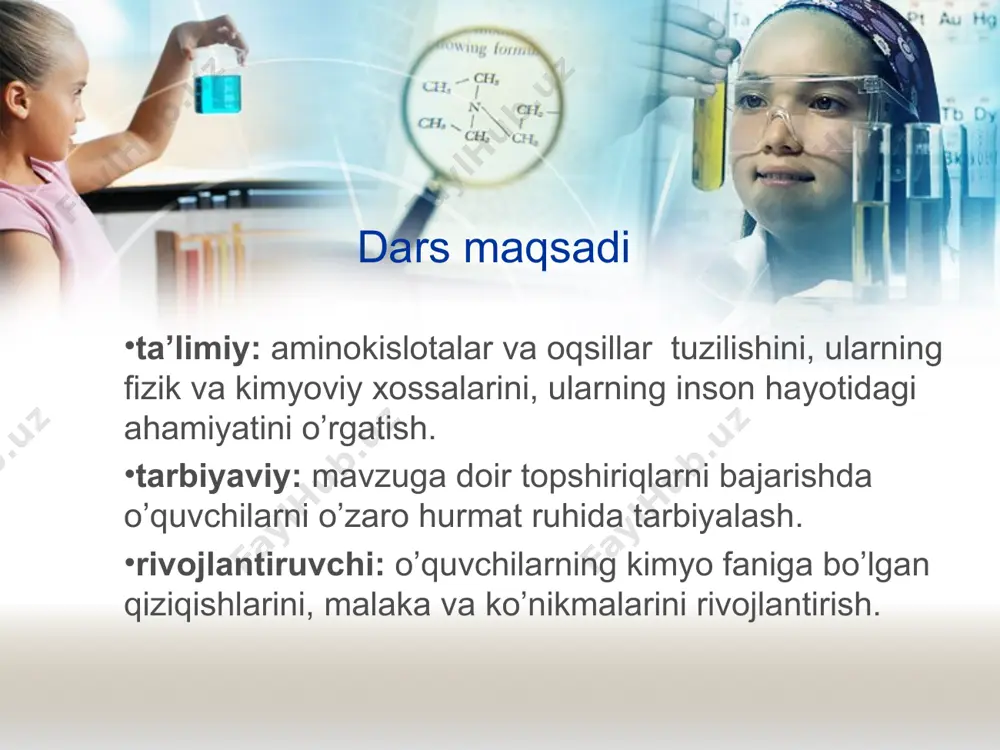bo‘linadi. oddiy oqsillar yoki proteinlarga to ‘liq gidrolizlanganda faqat aminokislotalar hosil bo‘luvchi oqsillar kiradi. ular oqsillar orasida ko‘pchilikni tashkil etadi. murakkab oqsillar yoki proteidlarga gidrolizlanganda aminokislotalardan tashqari oqsil bo‘lmagan tabiatga ega moddalar (uglevodlar, fosfat kislota, nuklein kislota va b.) ham hosil bo‘ladigan oqsillar kiradi. mavzuni mustaxkamlashda venn-diagrammasidan foydalanamiz. oqsillar denaturatsiyasi bu oqsillar konfguratsiyasining (ikkilamchi va uchlamchi strukturalarining) qizdirish, radiatsiya, kuchli kislota, ishqorlar, og‘ir metallar tuzlari, kuchli silkitish ta’sirida buzilishidir. oqsillar denaturatsiyasida fazoviy strukturasi buzilishi (vodorod, tuz, efr, polisulfd bog‘larining buzilishi) natijasida oqsillarning biologik faolligi ham yo‘qoladi. tushuntirish uchun ko’rgazmali vositalardan foydalanamiz. odam tanasining kimyoviy tarkibi. moddalarning nomi massasi, kg miqdori umumiy massaga nisbatan % hisobida. oqsil 14 19,6 nuklein kislota 0,7 1,0 uglevodlar 0,7 1,0 anorganik tuzlar 3,5 4,9 yog` 10,5 14,7 suv 42,0 58,8 oqsillarning elementar tarkibi–oqsillar yuqori polimer moddalar bo`lib, o`ziga xos elementar tarkibi bilan xarakterlanadi. ularning tarkiviy elementlari asosan uglerod, kislorod, azot, vodorod va oltingugurtdan iborat bo`lib, …