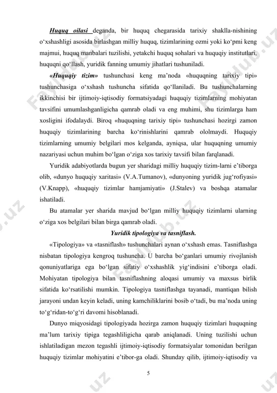 hiyatan tipologiya bilan tasniflashning aloqasi umumiy va maxsus birlik sifatida ko‘rsatilishi mumkin. tipologiya tasniflashga tayanadi, mantiqan bilish jarayoni undan keyin keladi, uning kamchiliklarini bosib o‘tadi, bu ma’noda uning to‘g‘ridan-to‘g‘ri davomi hisoblanadi. dunyo miqyosidagi tipologiyada hozirga zamon huquqiy tizimlari huquqning ma’lum tarixiy tipiga tegashliligicha qarab aniqlanadi. uning tuzilishi uchun ishlatiladigan mezon tegashli ijtimoiy-iqtisodiy formatsiyalar tomonidan berilgan huquqiy tizimlar mohiyatini e’tibor-ga oladi. shunday qilib, ijtimoiy-iqtisodiy va siyosiy tuzum tipologik mezon deb xisoblanishi va u hozirgi zamon huquqiy tizimlarining dunyo miqyosidagi tipologiyasi, ya’ni huquqning tarixiy tipla-rini tuzish uchun asos bo‘lib xizmat qilishi mumkin. hozirgi zamon huquqiy tizimlarining dunyo miqyosidagi tipologiyasi shu muhim narsani qayd qiladiki, busiz huquqning tarixiy tipi mavjud bo‘lmaydi va bo‘lishi ham mumkin emas. u huquqiy tizimlarni turli shakl va ko‘rinishlarda bo‘ladigan tegashli ijtimoiy-iqtisodiy formatsiyalar-ning tarkibiy qismi deb ta’riflaydi. yuridik tipologiya muammosi umumiy va maxsus munosabatlar bilan hal etilmaydi, shuningdek oraliq sifatidagi daraja ham mavjud, usiz hozirgi zamon huquqiy tizimlarini o‘rganib …