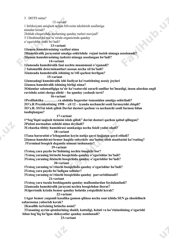 siyani aniqlash uchun bilvosita tekshirish usullariga nimalar kiradi? 2ishlab chiqarishda nurlarning qanday turlari mavjud? 3 ultrabinafsha nur ta’sirida organizmda qanday o‘zgarishlar sodir bo‘ladi? 13-variant 1jamoa hamshirasining vazifasi nima 2hamshiralik jarayonini amalga oshirishda rejani tuzish nimaga asoslanadi? 3jamoa hamshirasining tashxisi nimaga asoslangan bo’ladi? 14-variant 1jamoada hamshiralik fani nechta muammoni o’rganadi? 2 salomatlik determinantlari asosan necha xil bo’ladi? 3jamoada hamshiralik ishining ta’rifi qachon berilgan? 15-variant 1jamoadagi hamshiralik ishi faoliyat ko’rsatishning asosiy joylari 2jamoa hamshiralik ishining birligi nima? 3odamlar salomatligiga ta’sir ko’rsatuvchi zararli omillar bo’lmasligi, inson ulardan ongli ravishda ozini chetga olishi – bu qanday yashash tarsi? 16-variant 1profilaktika …………va alohida fuqarolar tomonidan amalga oshiriladi? 2o’z.r prezidentining 1998 – yil 12 – iyunda nechanchi sonli farmoyishi chiqdi? 3o’z.r. sstni isloh qilish davlat dasturi qachon va nechanchi sonli farmon bilan tasdiqlangan? 17-variant 1“sog’liqni saqlash tizimini isloh qilish” davlat dasturi qachon qabul qilingan? 2pulsni normadan oshishi nima deyiladi? 3uchastka tibbiy hamshirasi sumkasiga necha foizli yodni …