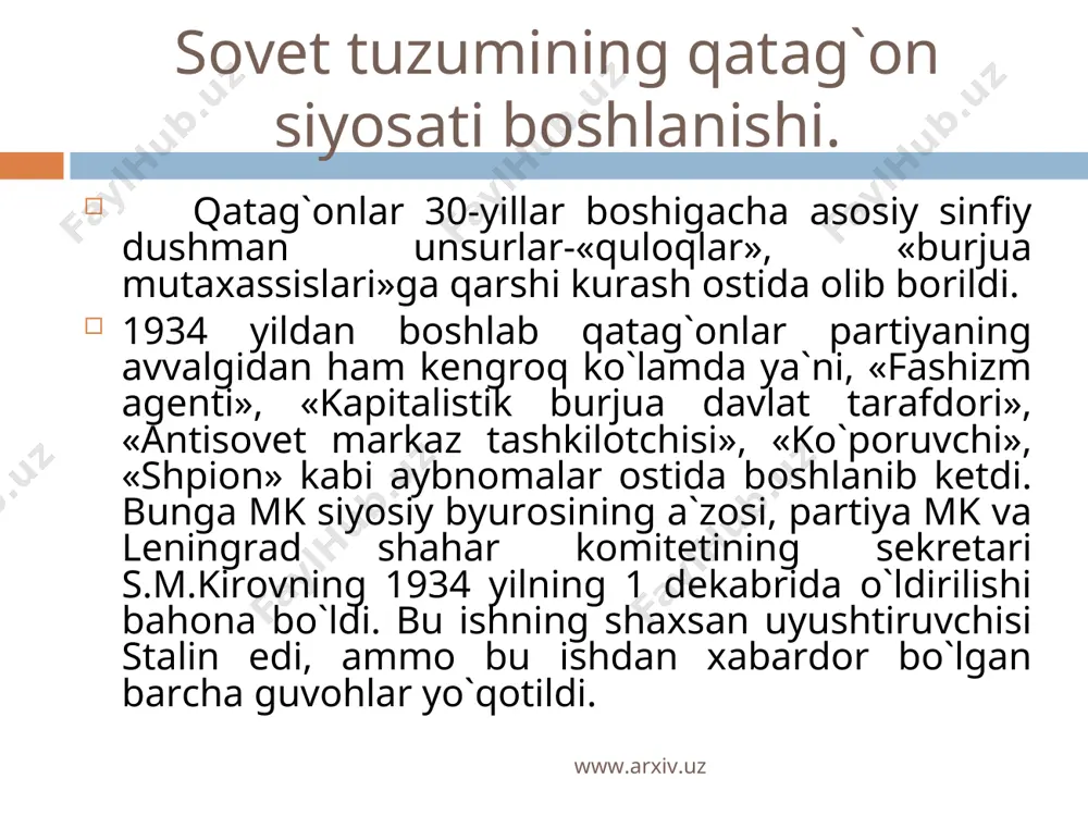 utiga o`qishga kirdi. u birinchi jahon imperialistik urushida, bolsheviklar inqilobi g`alabasiga ham o`zining munosib hissasini qo`shdi. www.arxiv.uz www.arxiv.uz www.arxiv.uz www.arxiv.uz xx asrning 20-30-yillarida o`zbekistonda o`tkazilgan sanoatlashtirish va jamoalashtirish siyosati, uning salbiy oqibatlari. qadimda va xx asr boshlarida ham turkiston xalqlari rossiya, volgabo`yi, qrim, kavkazorti, kichik osiyo, xorijiy sharq, misr, g`arbiy yevropa mamlakatlari bilan savdo va madaniy aloqalarda bo`lganlar. bu aloqalar ayniqsa, xx asrning boshlarida katta ahamiyat kasb etdi. 30-yillarda qatag`on etilgan milliy ziyolilarimiz ham ayni chog`da xorijiy aloqalarni yaxshi yo`lga qo`yish, ko`proq talabalarni chet ellarda ta`lim olish uchun chiqarish tarafdorlari edilar. biroq, davr siyosati bunga yo`l qo`ymadi. f. xo`jayev, t. risqulov, a. rahimboyev, fitrat singari davlat arboblari, olimlar, xorijda o`qib qaytgan a.murodiy, s. jabbor, s.muhammad, f.sherahmedov, r.rasuliy singari agronom, genetik, tibbiy olimlar, jurnalistlar, pedagoglar assosiz ravishda nemis josuslari, u yerdagi allaqanday millatchilik tashkilotini a`zolari sifatida ayblanib, repressiya qurbonlari bo`ldilar. www.arxiv.uz www.arxiv.uz xx asrning 20-30-yillarida o`zbekistonda o`tkazilgan sanoatlashtirish va jamoalashtirish siyosati, …