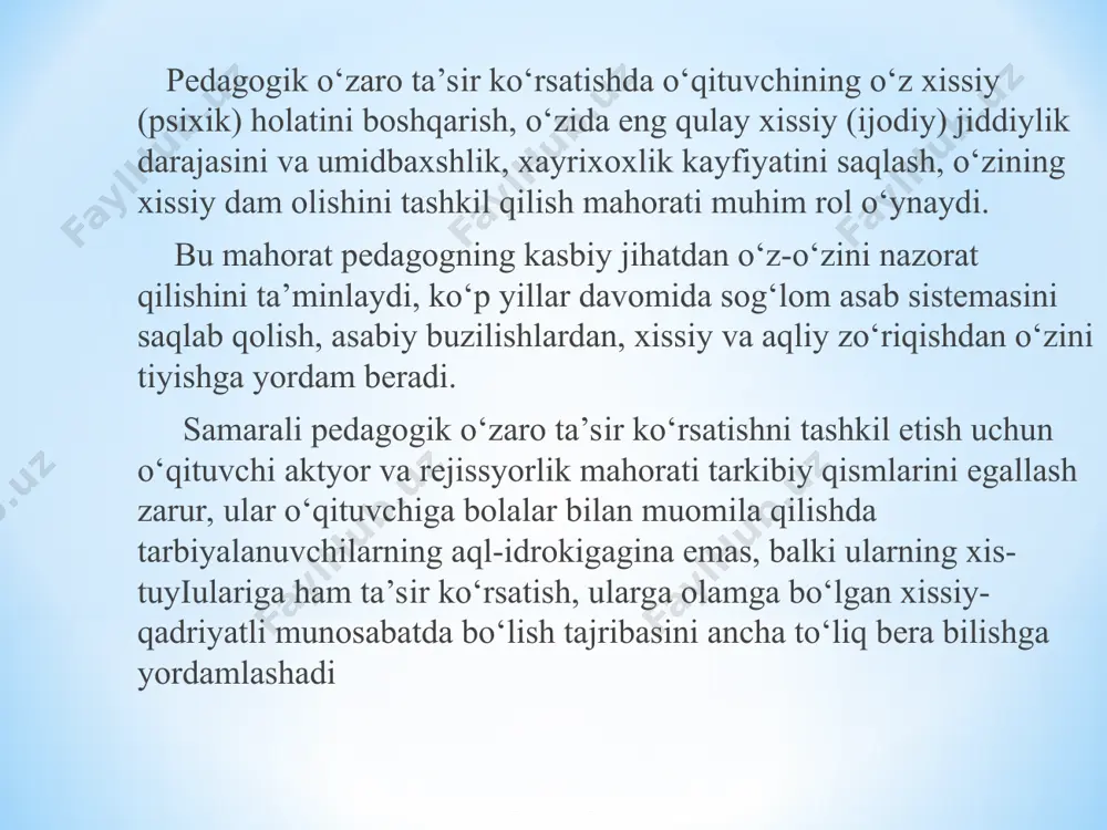 fiyatini, xolatini xissiyotini qosh, ko’z va chexra muskullarining xarakati bilan bayon qilish san’atidir. pantomimika – bu o’qituvchining gavdasi, qo’l, oyoq xarakatini tartibga soluvchi uslubdir diapozon – tovushning xajmi bo’lib, uning chegarasi eng yuqori va quyi oxanglari bilan belgilanadi.(tovushning kengligi) tembr – tovushning rang-barangligi, yorqinligi xamda yumshoqligini namoyon qilib, shu bilan birga o’qituvchi nutqining chiroyli, mayin, jozibali,o’ziga xosligini ta’minlaydi. diksiya – aniq talaffuz qilish. artikulyasiya – aniq talaffuz qilishni takomillashtirish, ya’ni artikulyasiya nutq organlarini xarakatlantirish orqali vujudga keltiriladi. ritmika – bu ayrim so’z bo’g’inlarining aytilish muddati va to’xtalishi gapirishdagi to’liq davomiylik, nutq va ifodalarning navbat bilan o’z o’rnida ishlatilishini bildiradi. . «har qanday maktabda ham eng muhim narsa - ma’ruzalarning g‘oyaviy - siyosiy yo‘lidir. bu yo‘lni nima belgilaydi? butunlay va faqat lektorlar tarkibi belgilaydi... har qanday «rahbarlik», har qanday «dasturlar», «nizomlar» va hokazolar, bularning hammasi notiqlar tarkibi oldida quruq gapdir. har qanday nazorat, har qanday dastur va hakazolar mashg‘ulotlarning yo‘lini aslo …