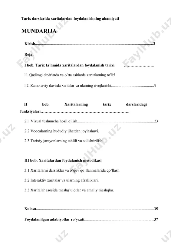 maqsadi – tarix fanini o'qitishda xaritalardan foydalanishning didaktik va metodik ahamiyatini tahlil qilish, o'quvchilarning tarixiy bilim va ko'nikmalarini rivojlantirishda ularning o'rni va samaradorligini aniqlashdan iborat. kurs ishining vazifalari: tarix ta’limida xaritalarning rivojlanish tarixi va ahamiyatini o’rganish: xaritalarning turlarini aniqlash va ularning ta’limdagi o’rnini ko’rsatish: xaritalarning tarix darslaridagi funksiyalarini tahlil qilish: xaritalardan foydalanish metodikasini ishlab chiqish va amalda qo’llash o’quvchilarning xarita bilan ishlash malakasini rivojlantirish usullarini o’rganish: nazariy va amaliy tavsiyalar ishlab chiqish kurs ishining amaliy axamiyati, shundan iboratki, unda ilgari surilgan g`oyalardan amaliyotchi o`qituvchilar ta`lim-tarbiya jarayonida keng foydalanishlari mumki kurs ishi: kirish, iii bob, 8 fasl, xulosa va foydalanilgan adabiyotlar ro`yxatidan iborat. i bob tarix ta’limida xaritalardan foydalanish tarixi l.l. qadimgi va o’rta asirlar davrida xaritalarning o’rni qadimgi va o’rta asrlar davrida xaritalarning o’rni qadimgi va o’rta asrlar davrida xaritalar turli maqsadlarda qo’llanilgan va jamiyatlar hayotida muhim rol o'ynagan. bu davr mobaynida yaratilgan xaritalar nafaqat geografik bilimlarni, balki diniy, kosmologik …