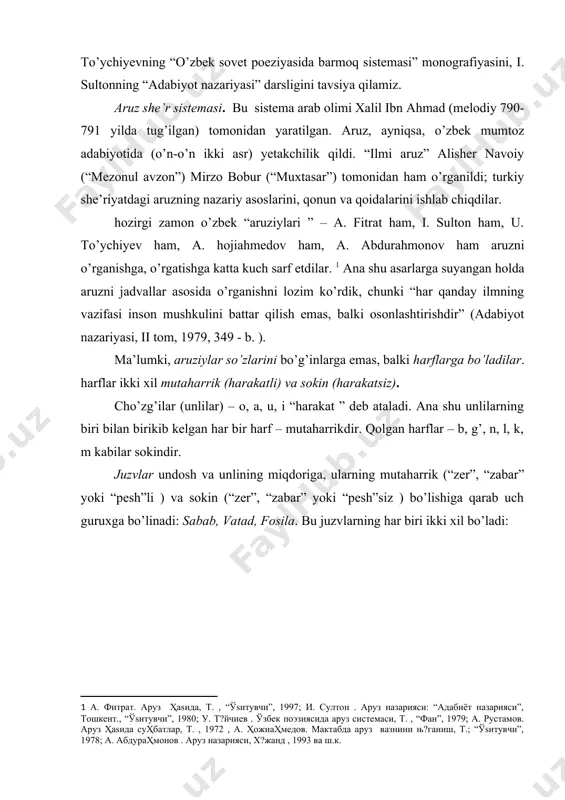 gan. 2- jadval № nomlanishi bahrlar tuzilishi 1 faulun mutaqorib “vatadi majmu’”, “sababi hafif” v- - 2 foilun mutadorik “sababi hafif”, “vatadi majmu’” - v - 3 foilotun ramal “sababi hafif”, “vatadi majmu’” -v - - 4 mafoiylun hajaz “vatadi majmu’”, “sababi hafif”, “sababi hafif” v - - - 5 mustaf’ilun rajaz “sababi hafif”, “sababi hafif”, “vatadi majmu’” - -v - 6 mafoilotun vofir “vatadi majmu’”, “fosilai sug’ro” v-vv- 7 mutafoilun komil “fosilai sug’ro”, “vatadi majmu’” vv–v- 8 maf’ulotun ------------------- “sababi hafif”, “sababi hafif”, “vatadi mafruq” - - -v - ruknlar ikki turga bo’linadilar: solim (o’zgartirilmagan, butun) va g’ayri solim (o’zgartirilgan, pachaq). asl ruknlarni o’zgartirib yangi ruknlar yasash “zihof” deb ataladi. asllardan yangicha “aslchalar” yaratish – zihofat bo’lsa, “aslchalar”dan “kichik (shoxobcha) asl” yaratish – far’ deb ataladi. asl, zihof, far’ ruknlar takroridan yoki bir- biriga aralashtirib olinishidan bahrlar tug’iladi. ular o’n to’qqizta: tavil, madid, basit, vofir, komil, hazaj, rajaz, ramal, …