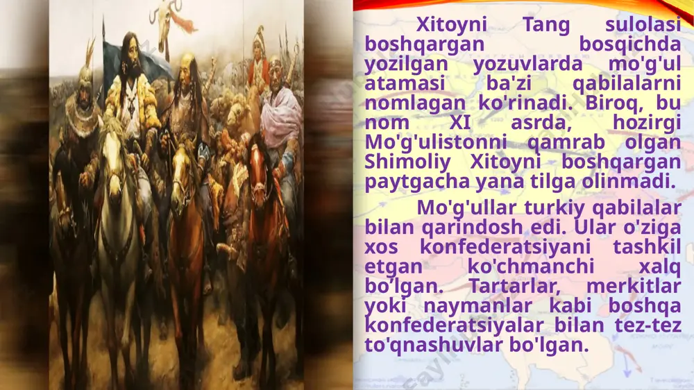 ronlik qilgan) uluslari ajralib chiqib, moʻgʻullar sulolasi hukmronligi ostida mustaqil davlatlar tuzganlar (oltin oʻrda, hulokuiylar davlati). bu davlatlar moʻgʻullar davlati ishlariga aralashmaganlar va oʻz navbatida, boshqalarning ham ularning ishlariga aralashishiga yoʻl qoʻymaganlar. moʻgʻullar istilosi moʻgʻullar istilosi -xiii asrda chingizxon va uning avlodlari qoʻshinlarining osiyo va sharqiy yevropadagi urushlari va yurishlarini anglatadi. moʻgʻullar imperiyasining istilolari keng hududlarning vayron boʻlishiga, koʻplab xalqlarning bosib olinishiga, shaharlar va madaniy yodgorliklarning vayron boʻlishiga olib keldi. bosib olingan yerlarda chigʻatoy ulusi, oltin oʻrda, hulokuiylar davlati va boshqa davlatlar vujudga keldi. moʻgʻullar istilosi chingizxon boshchiligidagi moʻgʻullar davlatining tashkil topishidan boshlanib, xiii asr oxiriga qadar davom etgan. 1207-1211-yillarda sibir va sharqiy turkiston xalqlari (buryatlar, yoqutlar, oyrotlar, qirgʻizlar va uygʻurlar) boʻysundirildi. tangut davlati (si-sya)ga qarshi bir qancha yurishlar qilindi (1227-yilda butunlay vayron qilindi). 1211-yil chjurchjen davlati (shimoliy xitoy)ga hujum boshlandi, 90 ga yaqin shaharni vayron qilib, 1215-yil pekinni bosib oldilar. 1217-yil xuanxe daryosining shimolidagi yerlarning hammasi moʻgʻullar qoʻliga oʻtdi. …