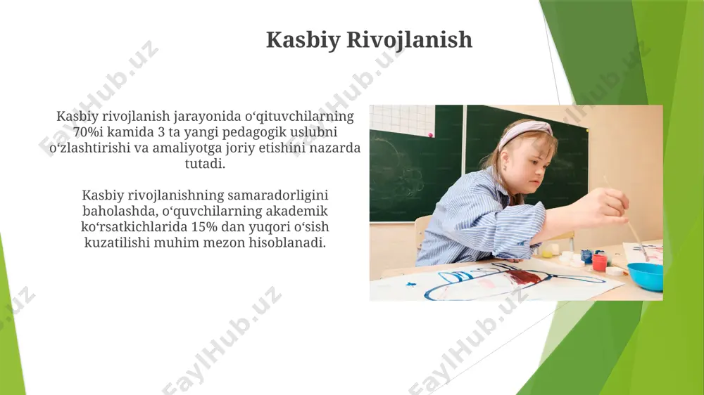 di. axborot-kommunikatsiya texnologiyalari (akt) o'quv jarayonida talabalarning faol ishtirokini ta'minlashda muhim rol o'ynaydi, masalan, onlayn testlar orqali 70% gacha baholashni amalga oshirish mumkin. sinfni boshqarish sanʼati oʻqituvchining sinfi boshqarish koʻnikmalari oʻquvchilarning oʻz-oʻzini boshqarish darajasini 30% ga oshirish bilan bogʻliq boʻlib, bu mustaqil fikrlash qobiliyatini rivojlantiradi. sinfni boshqarish sanʼati oʻquvchilarning 70% faol ishtirokini taʼminlashga qaratilgan boʻlib, bu oʻquv jarayonining samaradorligini 25% ga oshirishi mumkin. differensiatsiya va inklyuziya differensiatsiya o'quv jarayonini 3 yoki undan ortiq turdagi o'quv materiallari, vazifalari va baholash usullarini qo'llash orqali har bir o'quvchining ehtiyojlariga moslashtirishni o'z ichiga oladi. inklyuziya barcha o'quvchilar, shu jumladan 5% dan ortiq maxsus ehtiyojli bolalarni umumiy ta'lim muhitiga integratsiya qilish va ularga teng imkoniyatlar yaratish strategiyasini anglatadi. e'tiboringiz uchun rahmat @taqdimot_robot image1.jpg image2.jpg image3.jpg image4.jpg image5.jpg image6.jpg image7.jpg image8.jpg image9.jpg image10.jpg image11.jpg image12.jpg image13.jpg image14.jpg image15.jpg image16.jpg image17.jpg