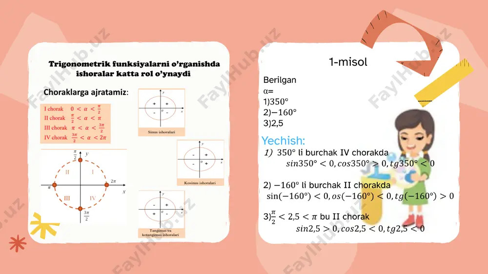 a grafigiga asimptota deyiladi. 𝒙 → 𝝅 bo`lganda 𝒄𝒕𝒈𝒙 → −∞, 𝒙 → 𝟎 bo`lganda 𝒄𝒕𝒈𝒙 → +∞ • 𝒚 = 𝒄𝒕𝒈𝒙 funksiyaning grafigini (𝟎;𝝅) oraliqda chizish yetarli. uni 𝝅, 𝟐𝝅, 𝟑𝝅, … 𝝅𝒌 … masofaga ketma ket ko`chirish yo`li bilan 𝒚 = 𝒄𝒕𝒈𝒙 funksiyaning to`la grafigi hosil qilinadi. 10 1.funksiyaning davrini toping. 𝒚 = 𝒄𝒐𝒔(𝟖𝒙 + 𝟏) berilgan funksiyaning davrini toppish uchun 𝟖𝒙 ni 𝐜𝒐𝒔𝒙 ning davriga tenglashtirib hisoblash kifoya. 𝐜𝒐𝒔𝒙 ning davri 𝟐𝝅 ligi bizga ma`lum, bundan 𝟖𝒙 = 𝟐𝝅 ⟹ 𝒙 = 𝟐 𝟖 𝝅 ⟹ 𝟏 𝟒 𝝅, 𝑻 = 𝝅 𝟒 2. funksiyaning eng kichik va eng katta qiymatlarini toping; 𝒚 = 𝟓𝒔𝒊𝒏 𝟐𝒙 + 𝟑 , bu funksiyaning qiymatlar sohasi −𝟏; 𝟏 bo`lganligi uchun funksiyani shu oraliqda olib hisblaymiz. −𝟏 ≤ 𝒔𝒊𝒏(𝟐𝒙 + 𝟑) ≤ 𝟏 va 5 ga ko`paytiramiz. −𝟓 ≤ 𝒔𝒊𝒏𝟓(𝟐𝒙 + 𝟑) ≤ 𝟓. eng katta qiymati 5 va eng kichik …