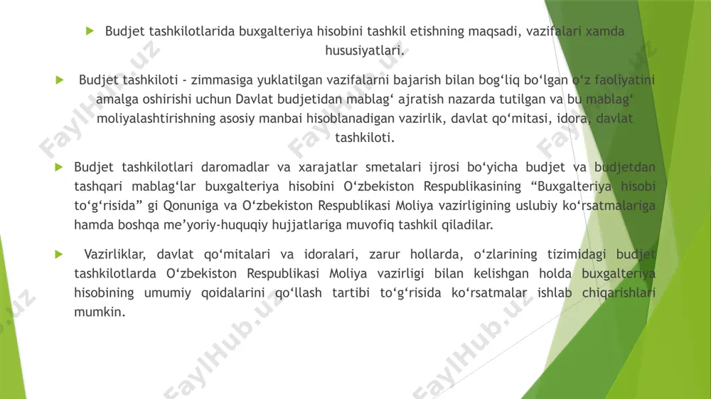 buxgalteriyasi mustaqil tarkibiy bo‘linma hisoblanadi. tashkilot bosh hisobchisi bevosita mazkur tashkilot rahbariga bo‘ysunadi. buxgalteriya hisobini yuritish, hisobotlarni tuzish va taqdim qilish masalalari bo‘yicha esa, tashkilotning rahbaridan tashqari yuqori tashkilot bosh hisobchisiga ham bo‘ysunadi hamda tashkilotda buxgalteriya hisobini yuritilishiga, moliyaviy hisobotlarni o‘z vaqtida va to‘liq topshirilishiga hamda yuqoridagi yo‘riqnoma, shuningdek, boshqa normativ-huquqiy hujjatlarda belgilangan vazifalarni bajarilishiga javobgar bo‘ladi. bosh hisobchi buxgalteriya xodimlari uchun xizmat vazifalarini har bir xodim uchun alohida belgilaydi. buxgalteriyada xizmat vazifalari funksional belgilarga qarab taqsimlanadi, ya’ni xodimlarning har bir guruhiga yoki alohida bir xodimga ishning hajmiga qarab, ma’lum bir soha biriktiriladi. tashkilot bosh hisobchisi lavozimga tayinlanishida va undan ozod etilishida belgilangan tartibda tashkilot rahbarining buyrug‘iga muvofiq tuzilgan komissiya tomonidan qabul qilish – topshirish kunida hisob, hisobot va arxiv hujjatlarining holatini ko‘rsatgan holda buxgalteriya ishlarini qabul qilish–topshirish to‘g‘risidagi dalolatnoma tuziladi. zarur hollarda, ushbu komissiya tarkibiga yuqori tashkilot hamda tegishli moliya organlari bilan kelishilgan holda ularning vakillari ham kiritilishi mumkin. …