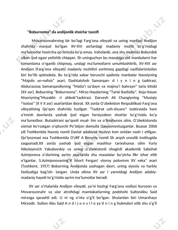 on adabiy- madaniy hayoti toʻgʻrisida ayrim maʼlumotlar beradi. xv asr oʻrtalarida andijon viloyati, yaʼni hozirgi fargʻona vodiysi xuroson va movarounnahr va ular atrofidagi mamlakatlarning podshohi sultonabu said mirzoga qarashli edi. u ni ng oʻnta oʻgʻli boʻlgan. shulardan biri umarshayx mirzodir. sulton abu said a n d i j o n v i l o ya ti n i n g hukmdori etib shu oʻgʻli umarshayx mirzoni tayinladi. umarshayx qoʻl ostiga oʻzgand shahri va unga yaqin yerlar ham kirar edi. umarshayx mirzo qoshiga amirlar, noiblar belgilandi. bu voqea 1459-1469 yillar oʻrtasida yuz bergan.umarshayx mirzo andijon viloyatida oʻz hokimiyatini oʻrnatdi. vodiyga asosiy xavotir moʻgʻulistondan boʻlar edi. u vaqtlarda hozirgi taroz shahridan tortib to qashqargacha boʻlgan yerlar moʻgʻuliston deb yuritilgan. umarshayx oʻz oʻlkasining uning bilan chegaralarini shunday mahkamladiki, moʻgʻuliston hukmdori yunusxon a ndij on tomonga tajovuz qilmoqaan tiyilmoqqa majbur boʻldi.umarshayx mirzo adabiyotni sevar edi. u siyosiy va harbiy faoliyat bilan band boʻlganiga kdramay, …