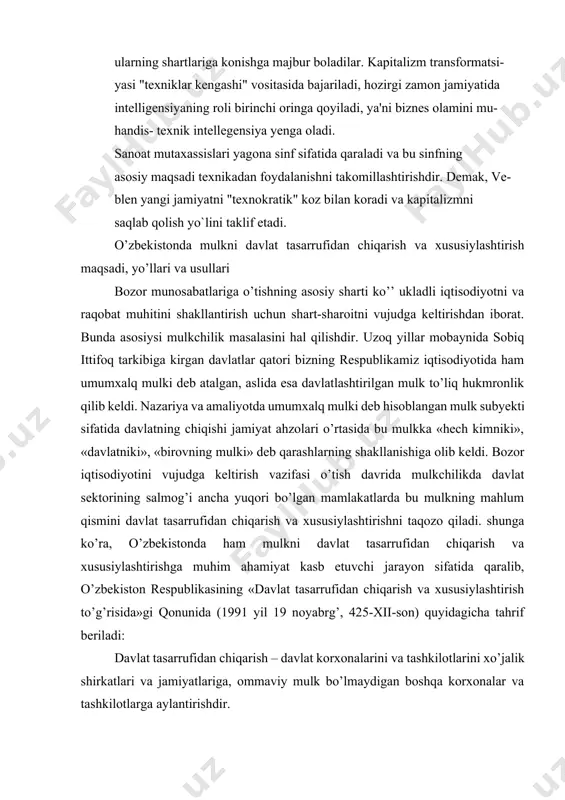avlat tasarrufidan chiqarish va xususiylashtirish maqsadi, yo’llari va usullari bozor munosabatlariga o’tishning asosiy sharti ko’’ ukladli iqtisodiyotni va raqobat muhitini shakllantirish uchun shart-sharoitni vujudga keltirishdan iborat. bunda asosiysi mulkchilik masalasini hal qilishdir. uzoq yillar mobaynida sobiq ittifoq tarkibiga kirgan davlatlar qatori bizning respublikamiz iqtisodiyotida ham umumxalq mulki deb atalgan, aslida esa davlatlashtirilgan mulk to’liq hukmronlik qilib keldi. nazariya va amaliyotda umumxalq mulki deb hisoblangan mulk subyekti sifatida davlatning chiqishi jamiyat ahzolari o’rtasida bu mulkka «hech kimniki», «davlatniki», «birovning mulki» deb qarashlarning shakllanishiga olib keldi. bozor iqtisodiyotini vujudga keltirish vazifasi o’tish davrida mulkchilikda davlat sektorining salmog’i ancha yuqori bo’lgan mamlakatlarda bu mulkning mahlum qismini davlat tasarrufidan chiqarish va xususiylashtirishni taqozo qiladi. shunga ko’ra, o’zbekistonda ham mulkni davlat tasarrufidan chiqarish va xususiylashtirishga muhim ahamiyat kasb etuvchi jarayon sifatida qaralib, o’zbekiston respublikasining «davlat tasarrufidan chiqarish va xususiylashtirish to’g’risida»gi qonunida (1991 yil 19 noyabrg’, 425-xii-son) quyidagicha tahrif beriladi: davlat tasarrufidan chiqarish – davlat korxonalarini …