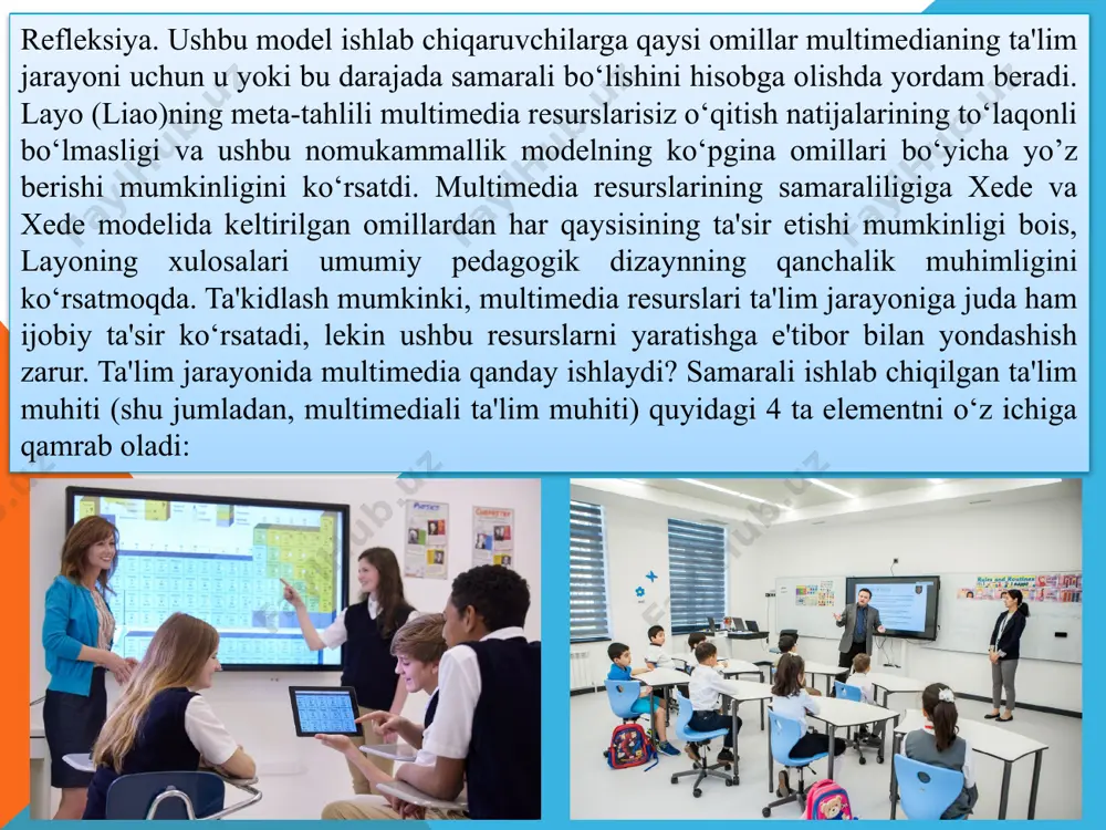 mchiliklari. ta'limda multimedia vositalaridan foydalanishning umumiy bo‘lgan birmuncha salbiy taraflari ham mavjud. ular jumlasiga diqqatning bo‘linishi, materiallarni yaratishdagi murakkabliklar, vaqtning ko‘proq talab etilishi, dasturiy ta'minot va texnika vositalarini sozlash va foydalanishda vujudga keladigan muammolar, axborotlarni kompyuter ekranidan o‘qish jarayonidagi qiyinchiliklar va boshqa jihatlar kiradi. diqqatning bo‘linishi. axborotlarni taqdim etishning murakkab usullaridan foydalanish aksariyat hollarda har xil nomutanosibliklar tufayli ta'lim oluvchilar diqqatini o‘rganilayotgan asosiy mavzudan chalg‘itishi mumkin. multimedia vositalarida taqdim etilayotgan katta hajmdagi ma'lumotlar, turli havola (ssыlka) va shu kabilar dars jarayonida o‘quvchi diqqatini bo‘lishi mumkin. multimedia vositalarining audio, video, grafik va boshqa elementlarini yaratish an'anaviy matn ko‘rinishidagi materiallarni yaratishdan ancha murakkab. vaqtning ko‘proq talab etilishi. multimediali materiallarni mustaqil ravishda yaratish singari multimediadan ta'lim oluvchi sifatida foydalanish ham birmuncha ko‘proq vaqt sarflanishini talab etadi. ayniqsa, multimediali ta'lim vositalarini yaratish uchun ko‘p vaqt va diqqat kerak bo‘ladi. dasturiy ta'minot va texnika vositalarini sozlash va foydalanishda vujudga keladigan muammolar. multimediali ta'lim vositalaridan samarali …