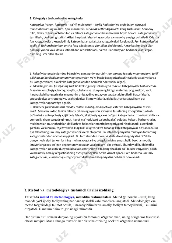 i jarayonida eskining yangi tomonidan inkor qilish ro’y beradi. birok eskilik butunligicha inkor qilinmay, undagi ijobiy tomonlar saqlanib qoladi. metafizik yo’nalish inkorning ijodiy yaratuvchanlik rolini tan olmaydi. bundan farqli ularoq, dialektik qarash eski narsani yangi narsa inkor qilishini ta’kidlaydi. xar bir jarayon inkor qilish jixatiga ega. ichki zidiyatlar tufayli tarakkiyot jarayonini ertami kechmi eski narsaning yemirilishiga va yangi narsani vujudga kelishiga olib keladi. inkorni inkor qonuni. eskining o’rniga yangining kelishi uning kundan kunga mustaxkamlanishi, rivojlanishi va ularning ajralmasligi taraqqiyotning boshlanish xususiyatini belgilaydi. yangi eskining o’rnini egallab borishida eskidan ijobiy, muxim tomonlarini o’zida mujassamlashtirib, yuqorirok sifat xususiyatlariga aylanadi. eskining o’rniga kelgan yangi dastlab, imkoniyat ko’rinishida bo’ladi. bu imkoniyatning voqeylikka aylanishi ma’lum shart-sharoitlardagina amalga oshadi. ijtimoiy xayotda yangilikning galabaga erishuvini ta’minlashda kishilarning faoliyati zarurdir. 2. kategoriya tushunchasi va uning turlari kategoriya (yunon. kategoria – ta'rif, mulohaza) – borliq hodisalari va unda hukm suruvchi munosabatlarning muhim, tipik mazmunini o‘zida aks ettiradigan o‘ta keng …