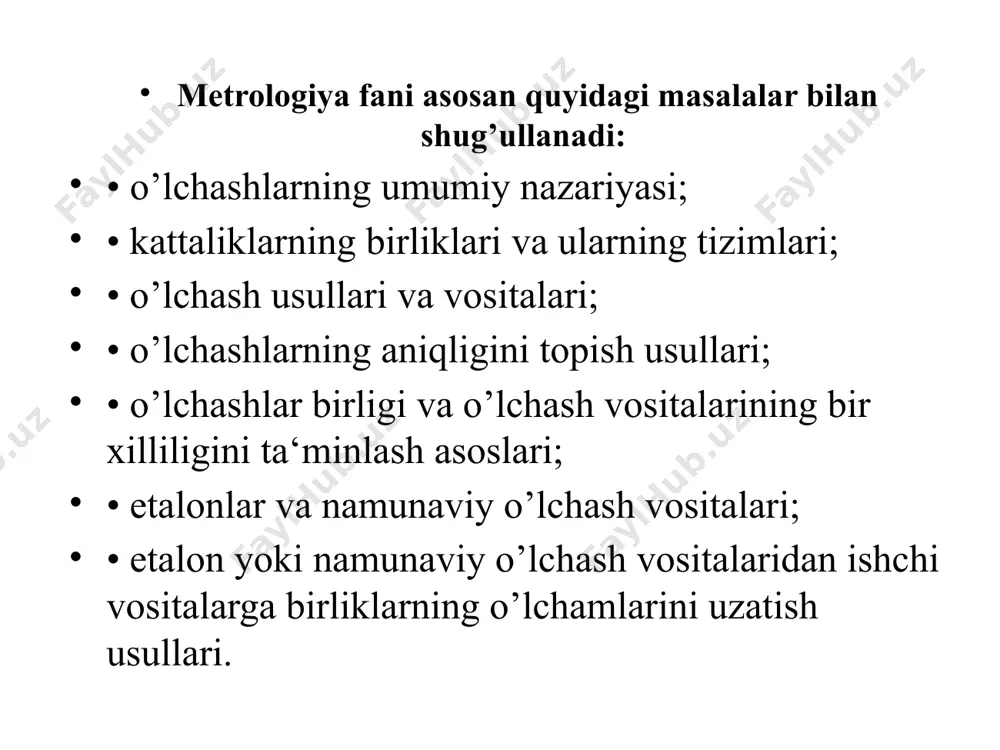 a o‘zaro hamkorlik qilish va tan olishni ta’minlash; – tadbirkorlik subyektlari darajasida o‘zo‘btt talablarini boshqa tizimlarning talablari bilan uyg‘unlashtirish. metrologiya to‘g‘risida aniq va ravshan ko‘rsatib berilgan asosiy maqsadlardan kelib chiqqan holda, o‘zo‘btt uchun quyidagi vazifalar qo‘yilgan: – milliy qoidalarni xalqaro qoidalar bilan uyg‘unlashtirish asosida davlatlararo munosabatlarning rivojlanishiga ko‘maklashish; – o‘z o‘bttni xalq xo‘jaligining ajralmas qismi sifatida rivojlanishini bashorat qilish; – o‘lchashlarning birliligini, talab etilgan aniqliligini, ishonchliligini ta’minlash asosida milliy iqtisodiyotning ilmiy va texnik imkoniyatlarini rivojlantirishda qatnashish, shuningdek, o‘lchashlar usullarini, o‘lchash vositalarini mukammallashtirish va ularning aniqligi, ish unumi va puxtaligini oshirishga ko‘maklashish. metrologiya o’z navbatida quyidagi bo’limlarga bo’linadi: nazariy metrologiya, amaliy metrologiya va qonunlashtiruvchi metrologiya. nazariy metrologiya – metrologiyaning fundamental asoslarini ishlab chiqish predmeti bo’lgan sohasidagi metrologiya bo’limi. amaliy metrologiya – nazariy metrologiya ishlanmalarini va qonunlashtiruvchi metrologiya qoidalarini amaliy qo’llanish masalalari bilan shug’ullanuvchi metrologiya bo’limi. qonunlashtiruvchi metrologiya – metrologiya bo’yicha milliy idora faoliyatiga qarashli va birliklar, o’lchash usullari, o’lchash vositalari va …