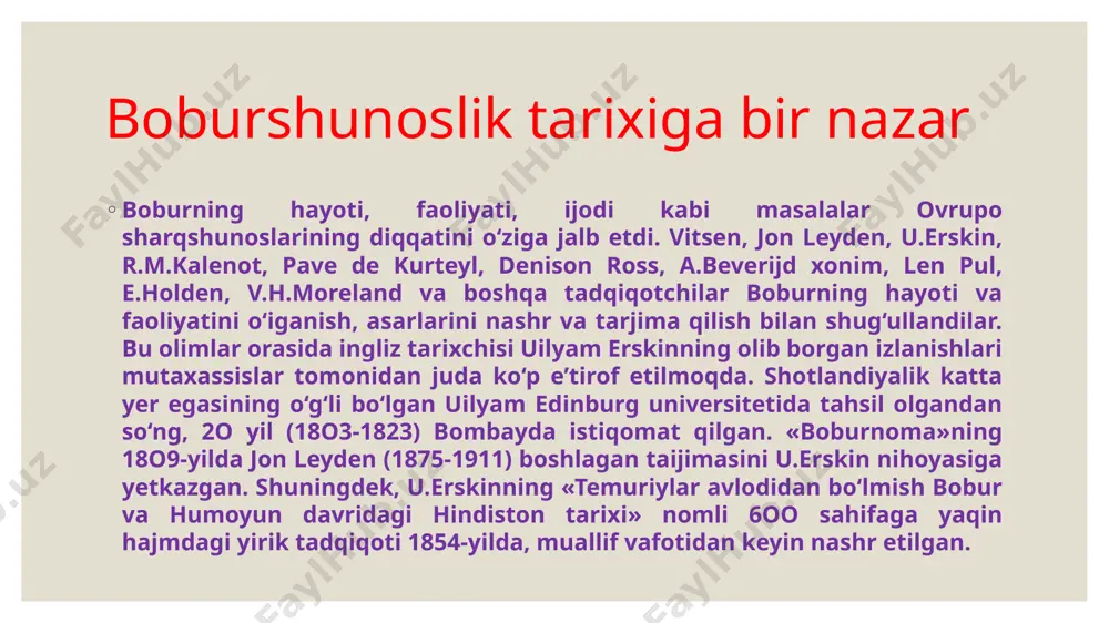 r. ruboiylarda taxallusni ko’proq ishlatish kuzatilsa, tuyuqlarda esa ba’zan qit’a shaklida qofiyalanishlar ham uchraydi. masnu’ san’ati tishing dur, labing marjon, hading gul, xating rayxon, yuzung hur, soching anbar, so‘zing mo‘l, meynon menging, meynon menging, so‘zing mo‘l, anbar soching, yuzung hur, rayxon xating, xading gul, marjon labing, tishing dur. boburning ilk g‘azali bular boburning an’anaviy janrlar xususiyatlarini saqlagan holda ularga ayrim yangiliklar kiritishga ham harakat qilganidan dalolat beradi. bobur yoshligidan she’riyat olamiga kirib kelgan bo’lsa-da, o’zining birinchi tugal g’azalini 18 yoshida, ya’ni 1501 yilda yozgan. bu g’azalning matla’i quyidagicha: jonimdin o’zga yori vafodor topmadim, ko’nglumdin o’zga mahrami asror topmadim. (bobur. devon, 37-38-betlar). bobur g‘azaliyoti bobur lirik she’riyatining, jumladan g’azaliyotining mavzusi, bir tomondan, mumtoz g’azalchilikda yetakchi o’rin egallagan ishq mavzusi bo’lsa, ikkinchi tomondan, shoirning hayot hodisa-voqealaridan olgan taassurotlari: muvaffaqiyatlar shodiyonasi, muvaffaqiyatsizlik tufayli zamon va uning jafokorligidan nolish; o’zi tug’ilgan vatandan uzoqlashgani tufayli vatan va vatandoshlarini qo’msash, o’rni bilan pand-nasihat berish kabi mavzulardan …