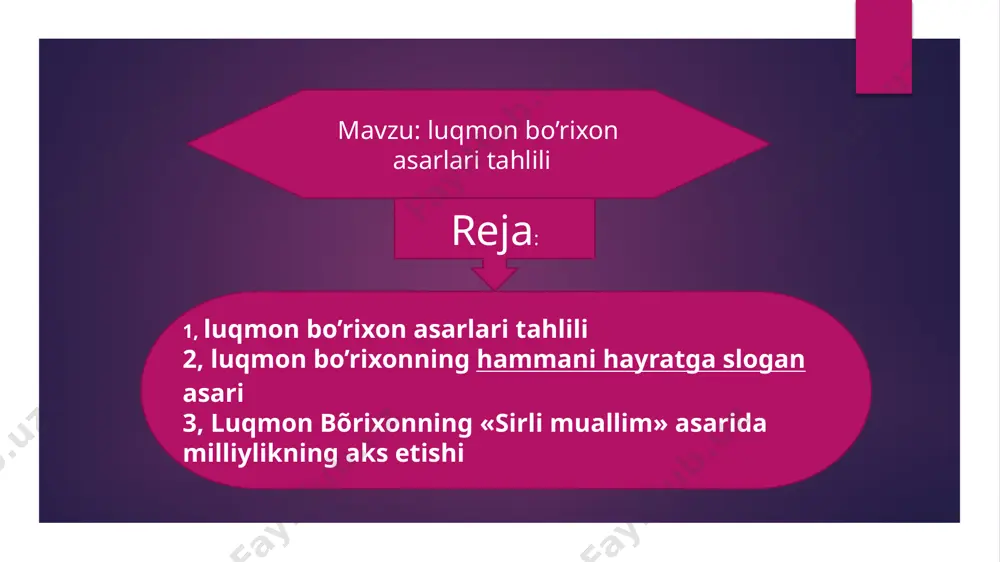 vasi bõladi. asarning boshqa qahramonlari tõĝrisida ham sõz yuritaylik. ularni qanday baholash mumkin? biz ularni aslo yomon deya olmaymiz. õz navbatida yaxshi deyishimizga ham monelik qilguvchi sabablarimiz yetarli. mustaqillik davri adabiyotining ham õziga hosligi shundadir. bu adabiyotlarda, hikoya, qissa, romanlarda qahramonlar aynan hozirgi zamon insonlari kabi kamchilik va nuqsonlardan ajralmagan holda tasvirlanadi. shu sabab ham õquvchini õyga chõmdiradi. qahramonning õrnida õzini bemalol tasavvur eta oladi. boshqa maktab õqituvchilarini olaylik. har biri ham oila tashvishlari bilan, ham maktab bilan bõlgan insonlardir. faqat õquvchilarni õylab najot ĝaybulla singari bõlishni istashsada, oilaviy muammolar bunga yõl bermaydi. luqmon bõrixonning «sirli muallim» asarida milliylikning aks etishi qahramonlardagi milliylik ham aynan shundadir. bizning xalqimiz jonkuyar, fidoiy va sabrlidir. asardagi muallimlar ham mehnatsevardirlar,ular farzand va oilasi uchun, obrõ- e'tiboriga qaramasdan qora mehnatdan qochishmaydi. õzlarini õylashmasada faqat farzand deya yashashadi. man shu bizning, xalqimizning jonkuyarligidir. albatta, najot ĝaybulla singari ustozlarni kõpayishini istasakda, qolganlarni qoralay olmaymiz. har bir zimmamizga …