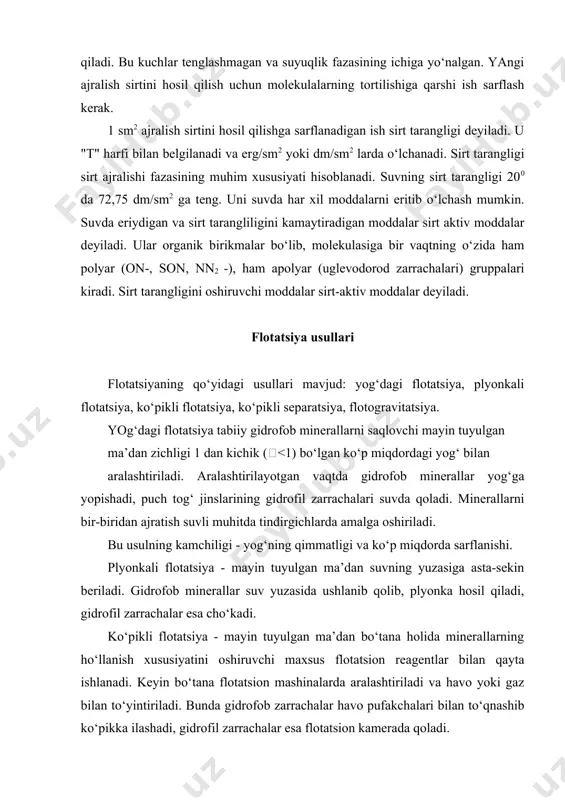 ta’sir qiluvchi omillar flotatsiya - universal va yuqori texnologik ko‘rsatkichlarga erishish mumkin bo‘lgan jarayon hisoblanib, uning borishiga ko‘p sonli omillar ta’sir qilishi mumkin. ularga: dastlabki mahsulotning mineral tarkibi va yirikligi, bo‘tananing zichligi, harorat, reagent tartibi, suvning tarkibi, flotatsiya vaqti, bo‘tananing mashinadagi aeratsiyalanish darajasi va h.k. boyitilayotgan ma’danning mineral tarkibiga qo‘llanadigan reagentlarni tanlash, ularning sarfi, va rudadagi komponentlarni ajralish ketma-ketligi tanlanadi. rudani mineral - petrografik o‘rganish asosida flotatsiyadan oldin hamma mineral komponentlarning tarkibi, o‘simtalarning o‘zaro tuzilishi, begona aralashmalarning oksidlanish darajasi va har qaysi komponentning massa ulushi belgilanadi. buning asosida reagentlar tanlanadi, yanchish va flotatsiya sxemalari belgilanadi. turli xil rudalar turlicha flotatsiyalanadi. sulfidli minerallarni nosulfid minerallardan flotatsiya usuli bilan oson ajratish mumkin. sulfidli rudalarning oksidlanishi va tanlab eritilishi natijasida hosil bo‘lgan oksidli rudalarning flotatsion qobiliyati sust bo‘ladi va ular avval sulfidlanmasdan turib flotatsiyalanmaydi. flotatsiyada dastlabki mahsulotning yirikligi shunday bo‘lishi kerakki, qimmatbaxo komponent zarrachalari o‘ziga yopishgan puch tog‘ jinslari minerallardan to‘liq ozod bo‘lgan …