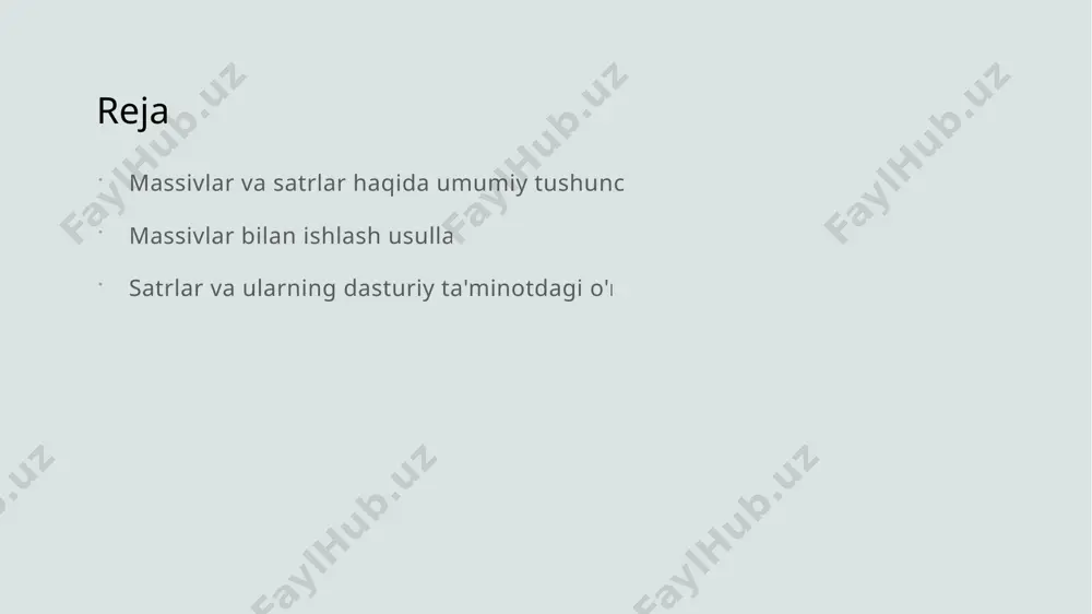 keng qo'llaniladi. ular foydalanuvchi ma'lumotlarini to'plash va tahlil qilishda juda muhimdir. massivlar: dasturlashda asosiy tushunchalar va ularning strukturalari. 1 massivlarning ta'rifi massivlar - bir xil ma'lumot turidagi elementlarning tartiblangan to'plami. ular dasturlashda ma'lumotlar bilan ishlashni soddalashtiradi va samaradorlikni oshiradi. 2 massivlar turlari massivlar bir o'lchovli, ikki o'lchovli va ko'p o'lchovli bo'lishi mumkin. har bir tur o'ziga xos xususiyatlari va qo'llanilish sohalariga ega. 3 massivlar bilan ishlash massivlar ustida ishlashda o'zgaruvchilar, indekslar va sikllar muhim rol o'ynaydi. ular ma'lumotlarni tez va samarali qayta ishlash imkonini beradi. massivlar bilan ishlash usullari: o'zgaruvchilar, indekslar va sikllar. 01 o'zgaruvchilar massivlar bilan ishlashda o'zgaruvchilar muhim rol o'ynaydi. ular massiv elementlariga murojaat qilish va ularni boshqarish imkonini beradi. 02 indekslar indekslar massiv elementlariga murojaat qilishda ishlatiladi. har bir elementning o'ziga xos indeksi bo'lib, ular orqali elementlarga tezkor kirish mumkin. 03 sikllar massivlarni boshqarishda sikllar (for, while) keng qo'llaniladi. sikllar yordamida massiv elementlarini takroran ishlov berish va …