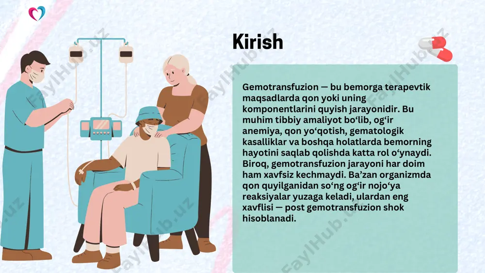 avfli holat bo‘lib, uning sabablari immunologik, gemolitik va infeksion omillar bilan bog‘liq. vaqtida aniqlash, to‘g‘ri davolash va profilaktik choralarni ko‘rish bemor hayotini saqlab qolishda muhim ahamiyatga ega. tibbiy amaliyotda qon quyish protokollariga qat’iy rioya qilish shokning oldini olishning eng samarali yo‘lidir. etiboringiz uchun rahmat