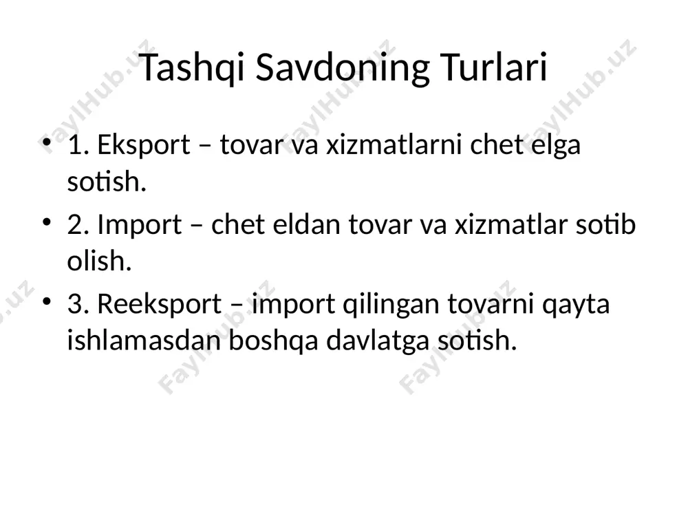 shqi savdoning salbiy oqibatlari 1. ichki ishlab chiqaruvchilarga raqobatning kuchayishi 2. tashqi bozorlarga qaramlik 3. savdo balansining salbiylashuvi 4. mahalliy korxonalar yopilishi ehtimoli global tashqi savdo tizimi jahon savdo tashkiloti (wto) global savdo qoidalarini belgilaydi. savdoning erkinligi, teng shartlar, shaffoflik va nizolarni hal qilish – asosiy tamoyillardir. tashqi savdoning huquqiy asoslari 1. tashqi savdo to‘g‘risidagi qonunlar 2. litsenziyalash va bojxona tartiblari 3. xalqaro bitimlar va kelishuvlar 4. intellektual mulk huquqlari o‘zbekiston tashqi savdosi o‘zbekiston eksportining asosiy yo‘nalishlari: paxta, oltin, meva-sabzavotlar, gaz. import esa texnika, neft mahsulotlari, oziq-ovqat va xizmatlar. asosiy savdo hamkorlari: rossiya, xitoy, qozog‘iston, turkiya. tashqi savdo statistikasi so‘nggi yillarda o‘zbekiston tashqi savdosi sezilarli o‘sdi. eksport hajmi ortib, yangi bozorlar ochilmoqda. savdo balansini muvozanatlash maqsadida import o‘rnini bosuvchi mahsulotlar ishlab chiqarish rag‘batlantirilmoqda. xulosa va takliflar tashqi savdo mamlakat iqtisodiy salohiyatini kengaytiradi. bozorlardagi barqarorlik, logistika tizimlarini takomillashtirish, eksportchilarni qo‘llab-quvvatlash asosiy ustuvor yo‘nalishlardir. /docprops/thumbnail.jpeg