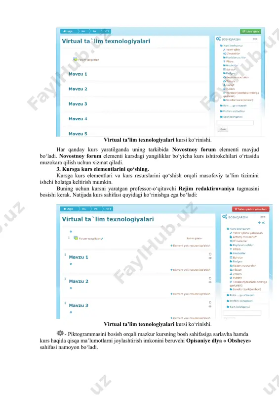 lanadi. 6. gostevoy dostupbо‘limi kursga mehmonlarning kirishi uchun parol qо‘yish imkonini yaratadi. bu bо‘limga parol qо‘yilganda, kursdan faqat parolga ega bо‘lgan talabalar foydalanishlari mumkin bо‘ladi. 7. gruppibо‘limi orqali mazkur kursdan qaysi guruh a’zolari foydalanishi mumkinligi belgilanadi. 8. pereimenovaniye roleybо‘limi foydalanuvchi guruhlarining nomi faqat ushbu kursga moslab qayta nomlash imkonini yaratadi. yuqoridagi bо‘lim va maydonlardan * belgisi mavjudlarini tо‘ldirish majburiy hisoblanadi. qolgan bо‘lim va maydonlarni tо‘ldirish kurs yaratuvchisining xohshiga bog‘liq bо‘ladi. maydonlar kerakli ma’lumotlar bilan tо‘ldirilgandan sо‘ng soxranit i vernutsya tugmasini bosish orqali kurs yaratiladi va oldingi sahifaga qaytish mumkin bо‘ladi. soxranit i pokazat tugmasini bosish orqali esa yaratilgan kurs sahifasiga о‘tish mumkin bо‘ladi. kurs yaratishni bekor qilish uchun esa otmena tugmasi bosiladi. yaratilgan virtual ta’lim texnologiyalari kursi quyidagi rasmda keltirilgan: virtual ta’lim texnologiyalari kursi kо‘rinishi. har qanday kurs yaratilganda uning tarkibida novostnoy forum elementi mavjud bо‘ladi. novostnoy forum elementi kursdagi yangiliklar bо‘yicha kurs ishtirokchilari о‘rtasida muzokara qilish uchun xizmat qiladi. …