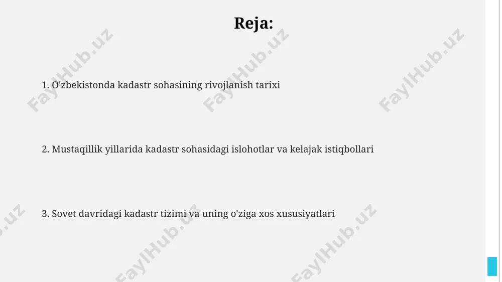 onidan yuritiladi va bu tizimda 20 dan ortiq turli shakldagi hisobotlar tayyorlanadi va tahlil qilinadi. binolar va inshootlar kadastri obyektlarning joylashuvi, maydoni (kv.m) va boshqa muhim xususiyatlarini aniq belgilaydi. kadastr qiymati, soliqlar hisobida muhim rol o'ynaydi. binolar va inshootlar kadastri mulk huquqini ro'yxatga olishning bir qismi bo'lib, har bir obyekt uchun noyob kadastr raqamini (masalan, 12:34:567:8901) shakllantiradi va texnik pasport ma'lumotlarini o'z ichiga oladi. davlat kadastrlar palatasining roli davlat kadastrlar palatasi ko'chmas mulkka bo'lgan huquqlarni davlat ro'yxatidan o'tkazish bo'yicha 12 ta davlat xizmatini ko'rsatadi, bu esa jarayonlarni soddalashtirishga yordam beradi. 2020-yilda palata elektron kadastr tizimini takomillashtirish bo'yicha loyihalarni amalga oshirdi, bu esa ro'yxatga olish muddatlarini 30 foizga qisqartirish imkonini berdi. palata tomonidan taqdim etiladigan geoaxborot tizimlari 100 dan ortiq geodeziya tashkilotlari bilan hamkorlikni ta'minlab, kadastr ma'lumotlarining aniqligini oshiradi. xalqaro hamkorlik va tajriba almashish kadastr tizimini takomillashtirish uchun 2020-yilda jahon banki bilan 50 million dollarlik loyiha imzolandi. bu loyiha geodeziya va …