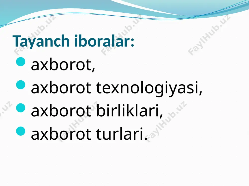 ura, nurli pero, mikrofon, yoki skaner yordamida amalga oshiriladi. matnlarga ishlov berish matn muharriri deb ataluvchi maxsus amaliy dasturlar majmuasi tomonidan amalga oshiriladi. tarmoq orqali matnlar ma’lumotlar bo’laklari ko’rinishida uzatiladi. tasvir. tasvir – bu biror voqea, xodisa yoki jarayonlarni o’zida ifodalagan rasm bo’laklari va ranglardan iborat ma’lumotdir. foto, manzara, matematik funktsiyalar grafigi, statistik ma’lumotlar diagrammasi va shunga o’xshash ma’lumotlar tasvir hisoblanadi. kompyuter yordamida tasvirlarga ishlov berishni to’rt guruhga ajratish maqsadga muvofiq hisoblanadi: 1. kulrang va rangli tasvirlar; 2. ikki xil va bir necha “rangli” tasvirlar; 3. uzluksiz egri va to’g’ri chiziqlar; 4. nuqtalar yoki ko’pburchaklar iborat tasvirlar. animatsiya animatsiya ma’lum tezlikda tasvirlarni almashtirish mahsulidir. bunda ma’lum vaqt oralig’ida, ma’lum sondagi bir xil o’lchamga ega bo’lgan tasvirlar tezkor almashtiriladi. natijada mulg’tiplikatsiyaga o’xshash harakatlanuvchi (animatsion) tasvir hosil bo’ladi. filmlar va video ma’lumotlarning asosini animatsiyalar tashkil etadi, chunki filmlar namoyishida bir soniyada 25-30 ta tasvir tezkor almashtiriladi. shundan qilib, videofilm tarkibidagi tasvirlarni hisoblab …