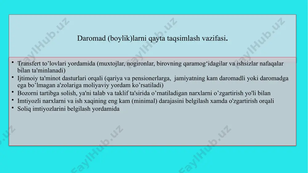 al etilishi inson kapitalining rivoji orqali iqtisodiy oʻsishga xizmat qiladi davlatning ijtimoiy siyosati — bu kishilarning hayotiy manfaatlarini yuzaga chiqarish, insonni himoya qilish va kamol topishiga qaratilgan siyosatdir. bandlik siyosati. bu mehnatga layoqatli va ishlashni hxohlagan kishilarni ish bilan ta'minlash, shu orqali ularga oʻzini-oʻzi iqtisodiy ta'minlash uchun imkoniyat yaratishni koʻzda tutadi. daromadlar siyosati mazmunan daromadlarning taqsimlanishini tartiblashga qaratiladi. bu siyosatda ijtimoiy soliqlar, ijtimoiy dotasiyalar va byudjet transfertlari kabi dastaklar qoʻllaniladi. ijtimoiy himoya siyosati aholining nochor qatlamlariga yordam berish, ularni qoʻllab-quvvatlab turishga qaratiladi. unga koʻra oʻzi ishlab pul topishga qodir boʻlmagan kishilarga byudjet mablagʻlari hisobidan moliyaviy yordam koʻrsatiladi. iqtisodiyotning ayrim boʻgʻinlari (transport, aloqa, atom va elektro-energetika, kommunal xizmat va shu kabilar) ni bevosita boshqarish davlat tadbirkorligi narxlar va ish xaqini qotirib qo'yish ish bilan bandlik xizmati (mexnat birjalari)ni tashkil qilish iqtisodiy soxani tartibga solishni ko'zda tutuvchi qonunlarni qabul qilish va amalga oshirish bunda davlat ta'qiqlash, ruxsat berish va majbur qilish xarakteridagi …