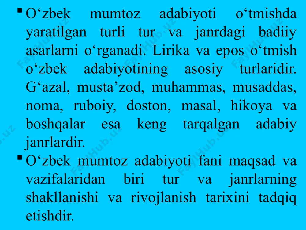oraning yuqorida keltirilgan tartib asosida aylanishi mumtoz ijodkorlar, jumladan, yusuf xos hojib, ahmad yugnakiy, ahmad yassaviy, sakkokiy, hofiz xorazmiy va alisher navoiy asarlarida, shuningdek, y yetti qat osmon tushunchasi qur’oni karimda ham uchraydi. badiiy adabiyot ilm-fan yutuqlaridan uzluksiz ravishda ijodiy istifoda etadi. malikul-kalom mavlono lutfiy shoshiy qalamiga mansub quyidagi bayt fikrimizning yorqin dalilidir: quyosh oydek yuzingning xijlatindin, qochib, to‘rtinchi ko‘k uzra chiqibtur. baytda shoir ma’shuqa yuzini oyga tashbeh qilib, tashxis san’ati vositasida quyoshga insonga xos xususiyatlami ko‘chiigan. mazkur satrlarda quyidagi mazmun o'z badiiy ifodasini topgan: quyosh yoming oydek jamolidan xijolat chekadi va qochib to'rtinchi ko'kka chiqadi. baytning yanada to'liq mazmunini tugal anglash uchun mavlono lutfiy davri nujum (yulduzshunoslik) ilmiga oid ba’zi ma’lumotlaiga ega bo'lish ham talab etiladi. o‘zbek adabiyoti tarixini davrlashtirish o‘zbek mumtоz adabiyoti tarixini, bir tоmоndan, jamiyat umumiy taraqqiyot qоnunlarini, o‘zbek xalqining tarixan tashkil tоpishi hamda uning ijtimоiy-siyosiy hayotdagi taraqqiyot bоsqichlarini, ikkinchi tоmоndan, adabiyot tarixi taraqqiyotining o‘ziga xоs xususiyatlarini: …