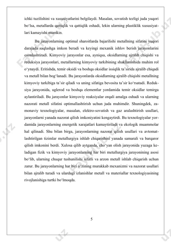 ish tezligini oshirish yoki sekinlashtirish orqali metallning qattiqlik, qattiqlik va egiluvchanlik kabi xususiyatlari o‘zgaradi. shu bilan birga, qotish jarayonida kristall tuzilishi va makroskopik xususiyatlar o‘rtasidagi bog‘liqlik yaxshi tushunilishi kerak, chunki bu jarayon metallning umumiy sifatiga ta’sir qiladi. sovutish jarayonidan so‘ng, metallga mexanik ishlov berish jarayoni qo‘llaniladi. bu jarayon metallni yanada mustahkamlash va uning mexanik xususiyatlarini yaxshilash uchun kerak bo‘ladi. mexanik ishlov berish jarayonlari orasida, qotishdan keyingi qattiqlashtirish, qotish va sovutish jarayonlarini optimallashtirish muhim rol o‘ynaydi. metallni qattiqlashtirish va egiluvchanligini oshirish uchun, sovutish sharoitlarini, masalan, sovutish tezligini yoki sovutish muhiti tarkibining o‘zgarishini boshqarish mumkin. bu jarayonlar metallning ishlov berish jarayonida uni yanada mustahkam va qattiqlik bilan ta’minlashga yordam beradi. kimyoviy jarayonlar esa, ayniqsa, oksidlarning ajralib chiqishi va reduksiya jarayonlariga asoslanadi. eritish jarayonida temir oksidi va boshqa oksidlar ajralib chiqadi, ular metall bilan bog‘liq bo‘lib, metallning sifatiga ta’sir qilishi mumkin. oksidlarni ajralib chiqishini nazorat qilish uchun, eritish jarayonida gazlar bilan aralashtirish yoki …