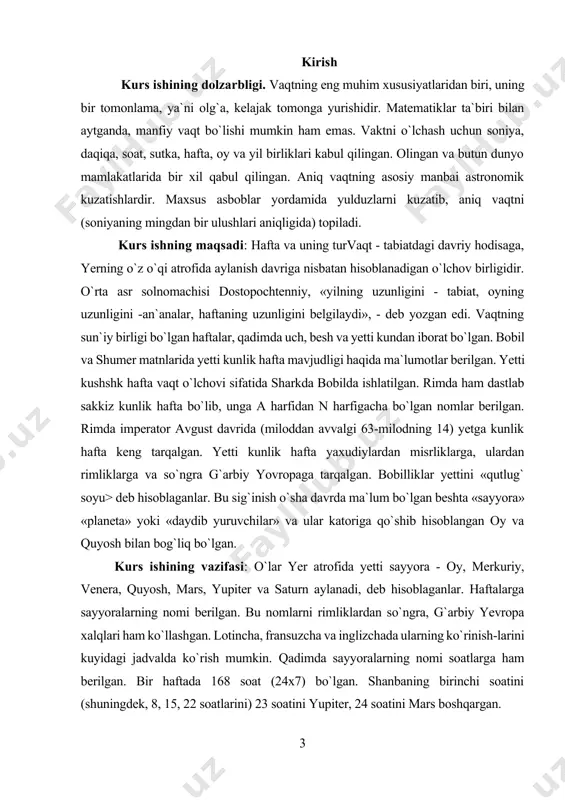 hta «sayyora» «planeta» yoki «daydib yuruvchilar» va ular katoriga qo`shib hisoblangan oy va quyosh bilan bog`liq bo`lgan. kurs ishining vazifasi: o`lar yer atrofida yetti sayyora - oy, merkuriy, venera, quyosh, mars, yupiter va saturn aylanadi, deb hisoblaganlar. haftalarga sayyoralarning nomi berilgan. bu nomlarni rimliklardan so`ngra, g`arbiy yevropa xalqlari ham ko`llashgan. lotincha, fransuzcha va inglizchada ularning ko`rinish-larini kuyidagi jadvalda ko`rish mumkin. qadimda sayyoralarning nomi soatlarga ham berilgan. bir haftada 168 soat (24x7) bo`lgan. shanbaning birinchi soatini (shuningdek, 8, 15, 22 soatlarini) 23 soatini yupiter, 24 soatini mars boshqargan. yetti kunlik hafta g`arbda imperator avgust davrida keng tarkaldi. miloddan avvalgi 321 yilda konstantin «hamma fuqarolar quyosh kuni dam olsin»,- deb farmon berdi. slavyanlarda ham yetti kunlik hafta bo`lib yakshanba «nedeley», ya`ni «hech narsa qilma», «ishlamaydigan kun» - deyilgan. dushanba - «ponedelnik» -«nedeley»dan keyingi kun, vtornik seshanba) - «nedeli»dan so`nggi ikkinchi, sreda (chorshanba) - nedeli (haftaning o`rtasi), «chetverg», «pyatnitsa»-to`rtinchi va beshinchi kun deb …