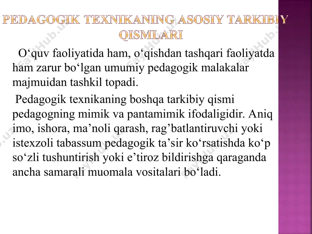 gapirishdagi to’liq davomiylik, nutq va ifodalarning navbat bilan o’z o’rnida ishlatilishini bildiradi. . «har qanday maktabda ham eng muhim narsa - ma’ruzalarning g‘oyaviy - siyosiy yo‘lidir. bu yo‘lni nima belgilaydi? butunlay va faqat lektorlar tarkibi belgilaydi... har qanday «rahbarlik», har qanday «dasturlar», «nizomlar» va hokazolar, bularning hammasi notiqlar tarkibi oldida quruq gapdir. har qanday nazorat, har qanday dastur va hakazolar mashg‘ulotlarning yo‘lini aslo o‘zgartira olmaydi. bu yo‘lni faqat notiqlar tarkibi belgilaydi». maktabda, darsda va darsdan tashqari vaqtlarda o‘quvchilarga har tomonlama ijobiy ta’sir etishda o‘qituvchining tarbiyaviy kuchidan qudratliroq kuch yo‘qdir. o‘qituvchi maktabda har doim o‘quvchilar bilan birga bo‘ladi. u bolalarga o‘zining fikrlari, so‘z va iboralari, shaxsiy na’munasi, kishilarga bo‘lgan munosabati, aql – idroki, irdasi bilan ta’sir etadi pedagogik mahorat bu faxm-farosat va bilimlarning, chinakkam ilmiy, tarbiyaviy qiyinchiliklarni engishga qodir bo‘lgan nufuzli rahbarlikning, bolalar qalbining qandayligini his qilish mahorati, ichki dunyosi nozik va zaif bo‘lgan bola shaxsiga mohirlik bilan avaylab yondashish, donolik …